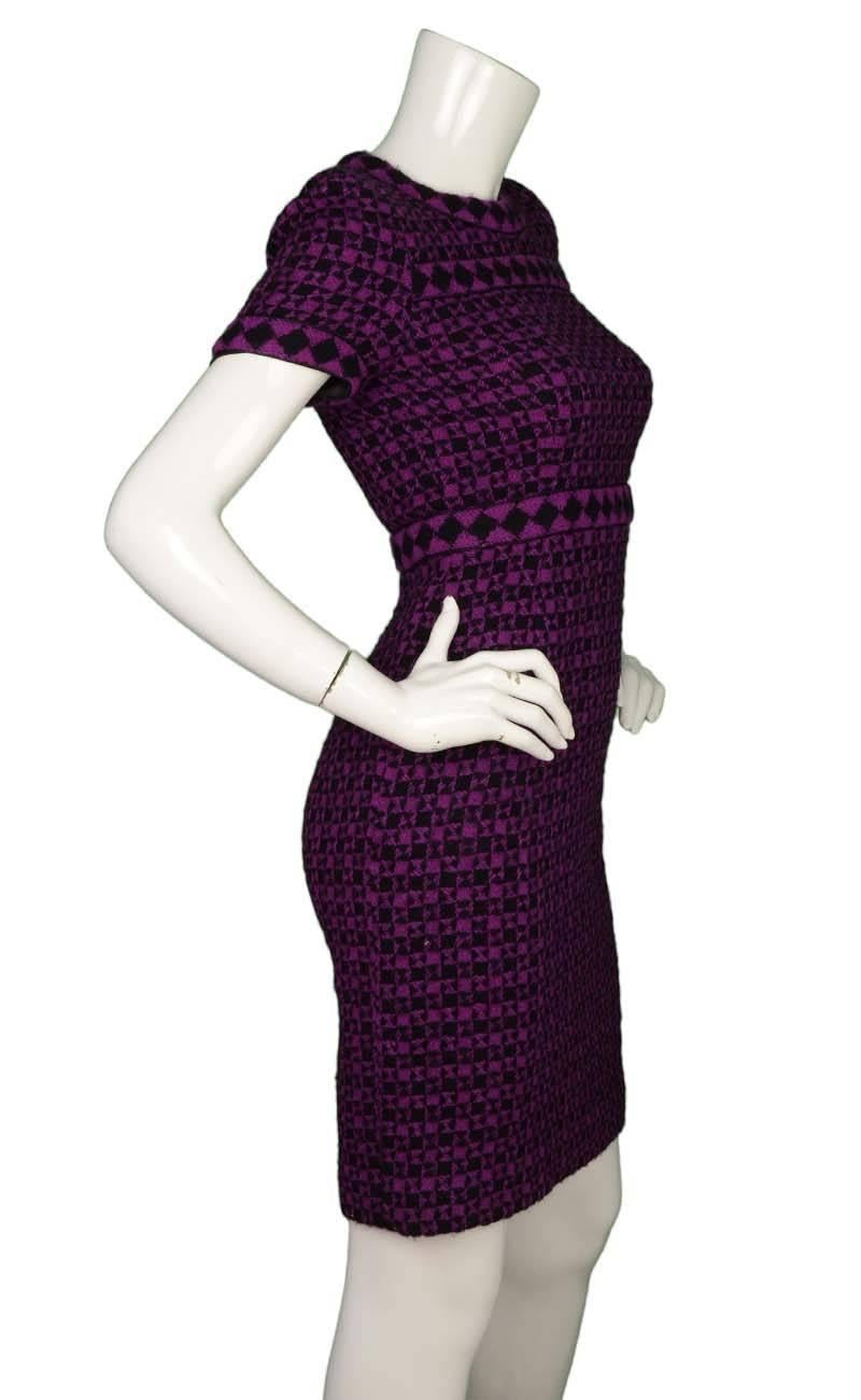 Oscar De La Renta Purple & Black Wool Dress 
Features diamond shapes and square knit pattern throughout
Made In: Italy
Color: Purple and black
Composition: 70% alpaca and 30% wool
Lining: Black, 100% silk
Closure/Opening: Back center zip