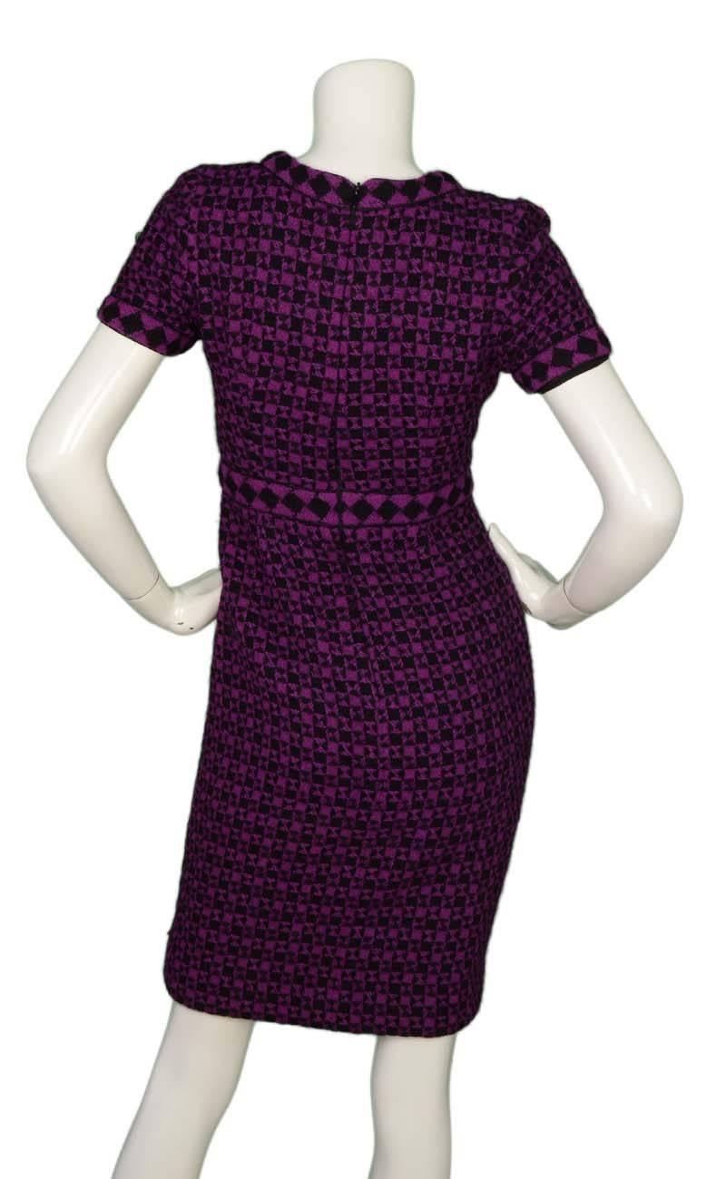 Oscar De La Renta Purple & Black Wool Dress sz 2 In Excellent Condition In New York, NY
