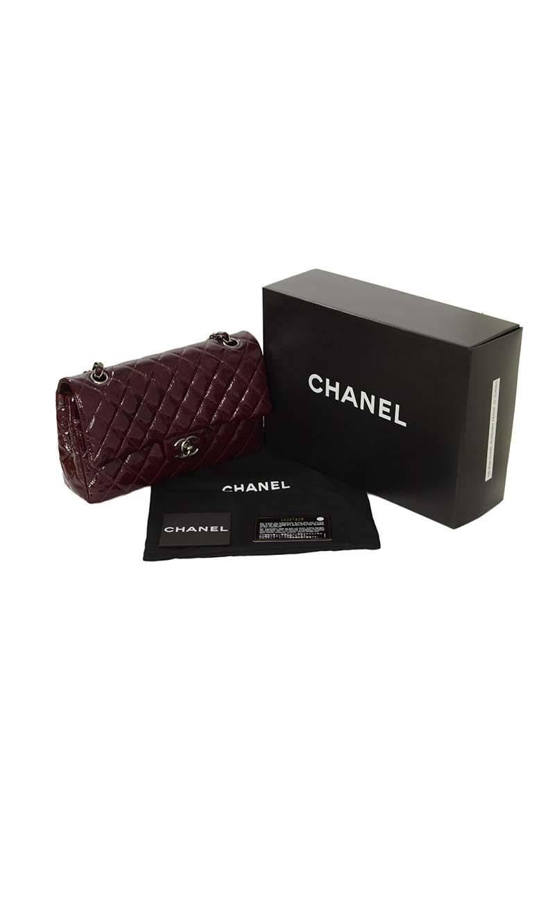 Chanel Burgundy Distressed Patent Medium Classic Double Flap Bag RHW 4