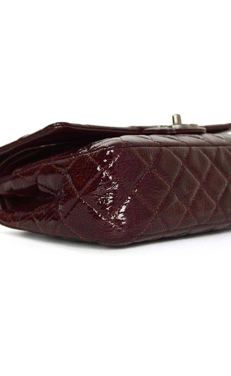 Chanel Burgundy Distressed Patent Medium Classic Double Flap Bag RHW In Excellent Condition In New York, NY