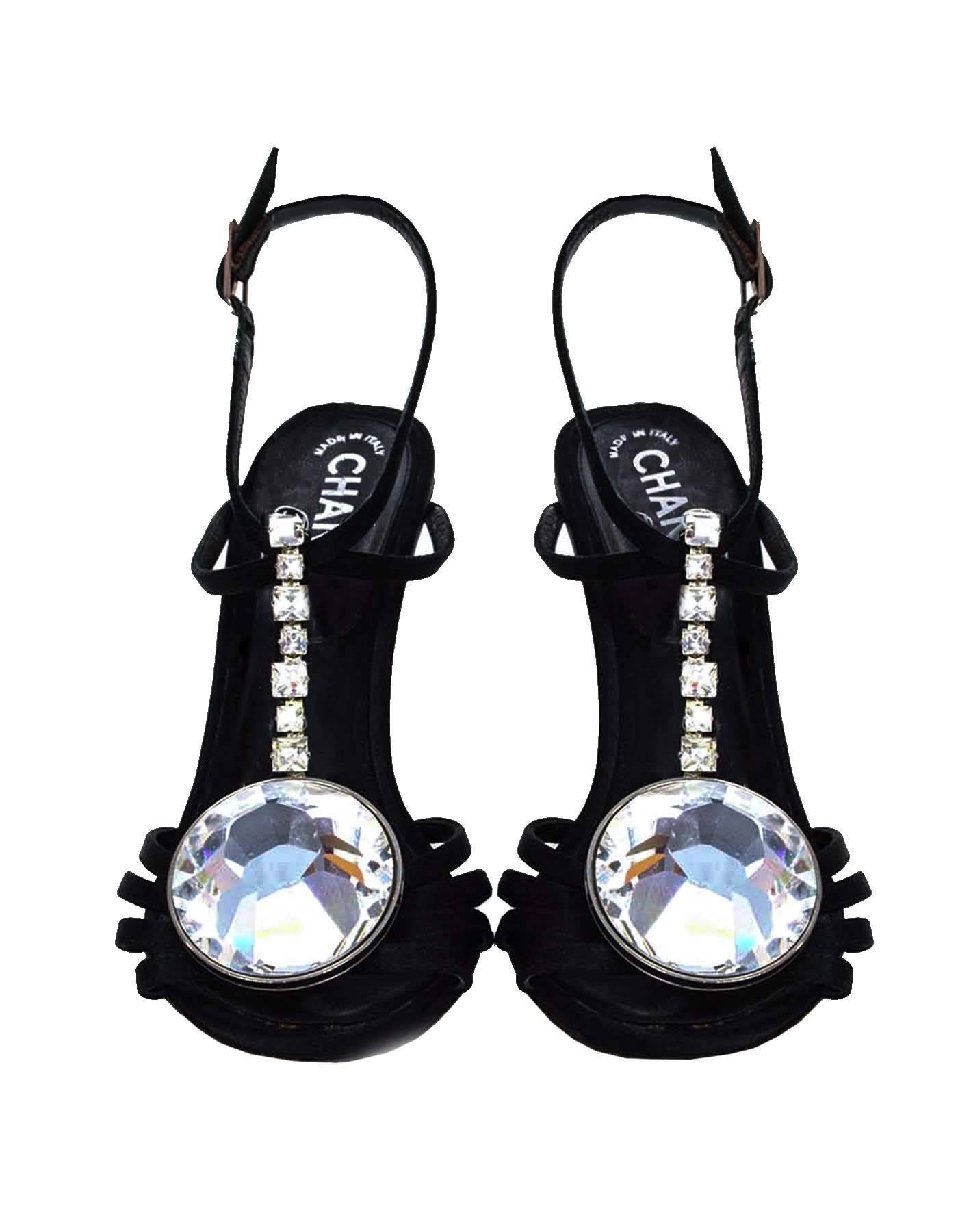 Chanel Black Satin & Crystal Evening Sandals sz 38 In Excellent Condition In New York, NY