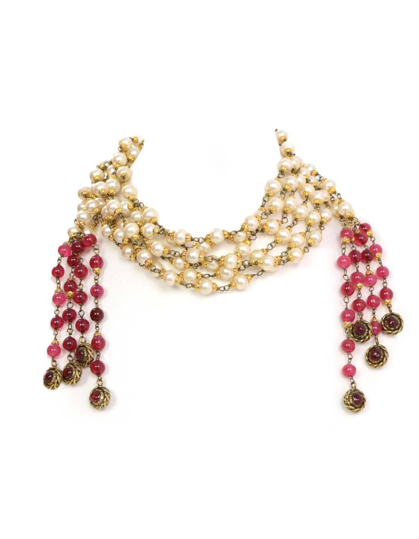 CHANEL Three Strand Long Faux Pearl Lariat Necklace W. Red Gripoix Beads 1984 In Good Condition In New York, NY