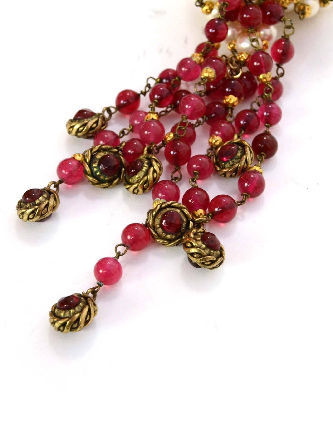 Women's CHANEL Three Strand Long Faux Pearl Lariat Necklace W. Red Gripoix Beads 1984