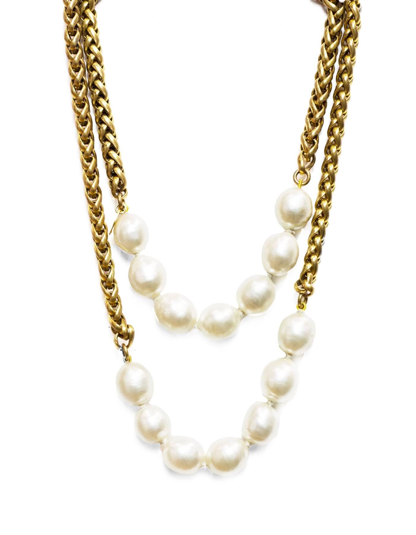 Chanel Vintage '84 Gold & Pearl Long Necklace
Note: can be worn long or doubled up (image shows doubled up)

Made In: France
Year of Production: 1984
Stamp: Chanel CC 1984
Closure: None
Color: Goldtone and ivory
Materials: Metal and faux