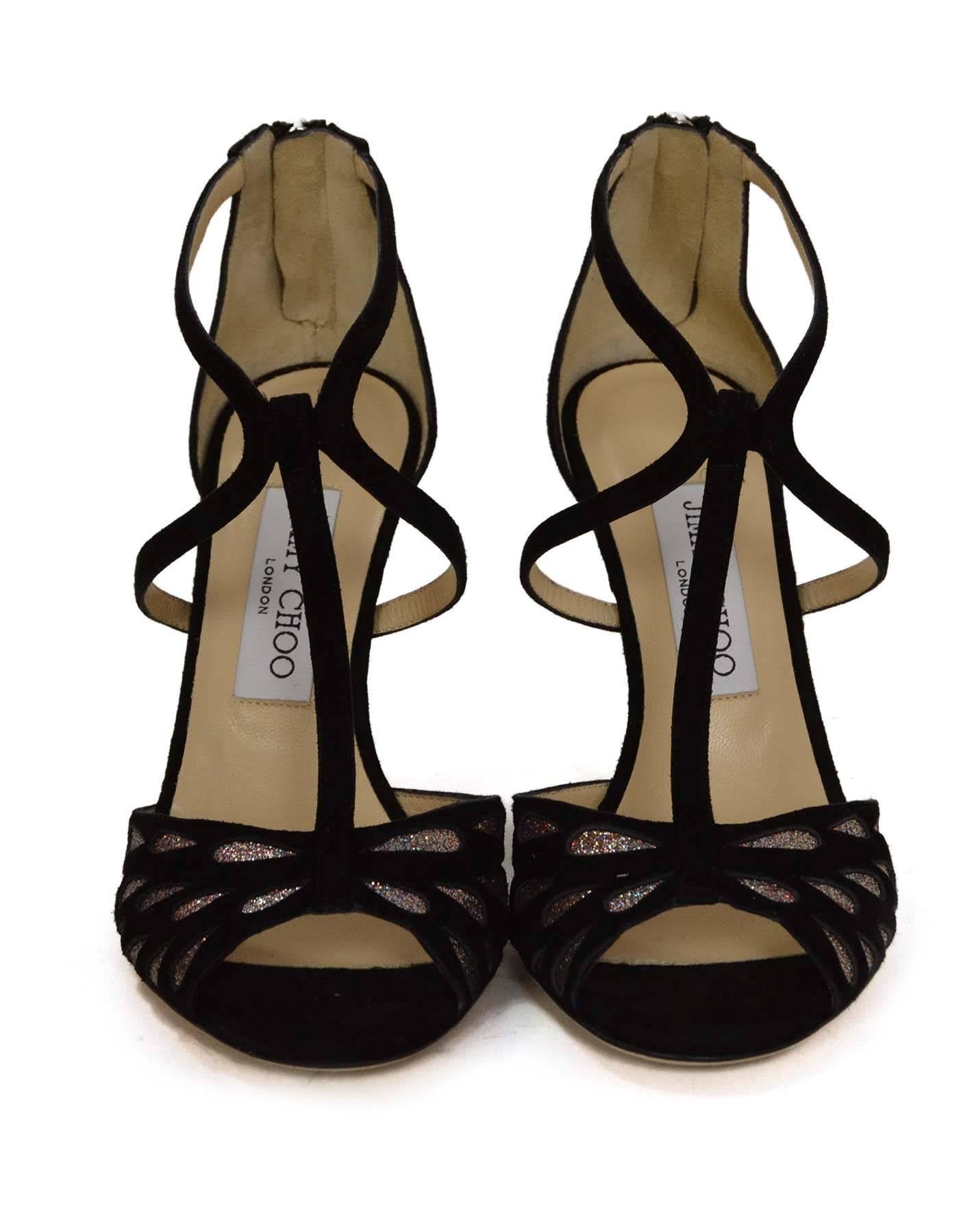 Jimmy Choo Black Suede T-Strap Peep-Toe Pumps sz 36.5 rt. $850 In Excellent Condition In New York, NY