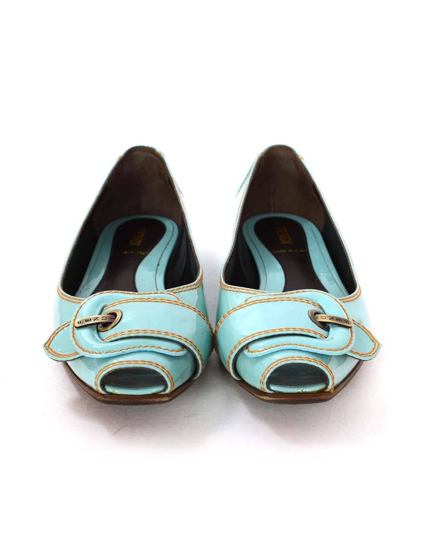 Fendi Light Blue Patent Peep-Toe Flats sz 37.5 In Excellent Condition In New York, NY