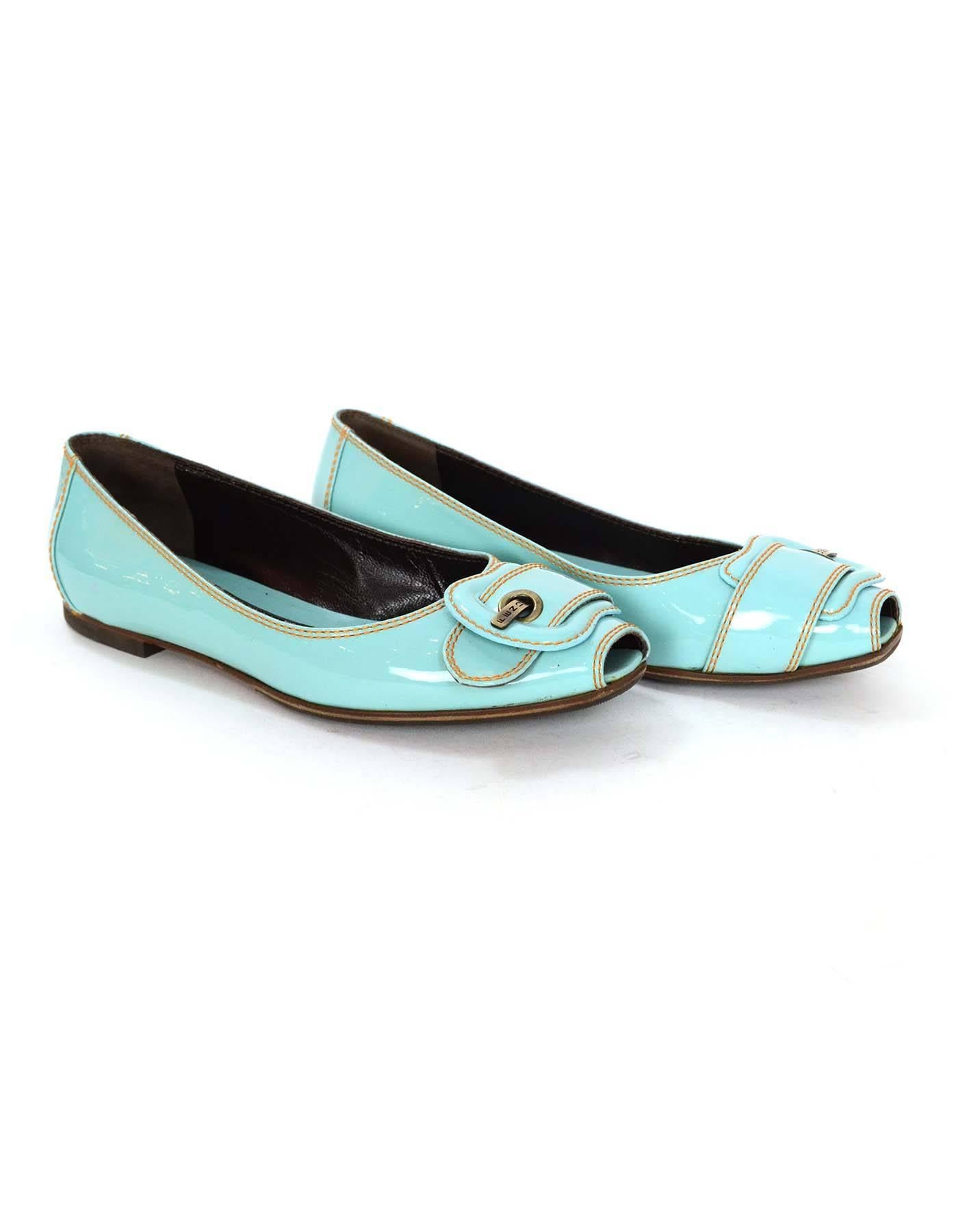 Women's Fendi Light Blue Patent Peep-Toe Flats sz 37.5