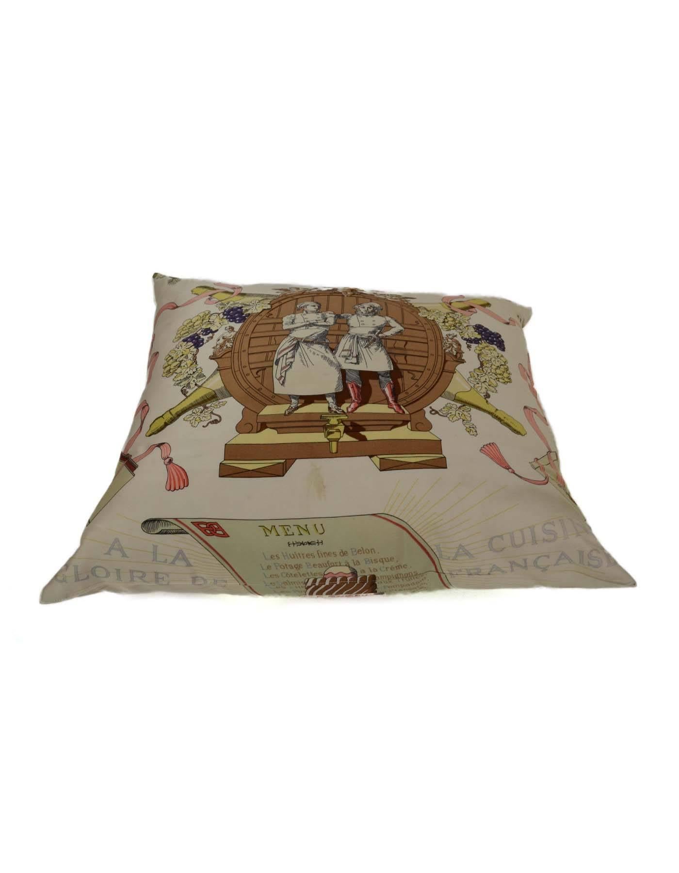 Hermes Vintage Cream & Multi-Colored Silk Pillow
Features two french chefs on front of pillow
Year of Production: Circa 1970's
Color: Cream, brown, yellow, purple, and peach
Materials: Silk
Closure/Opening: Zipper
Overall Condition: Good
