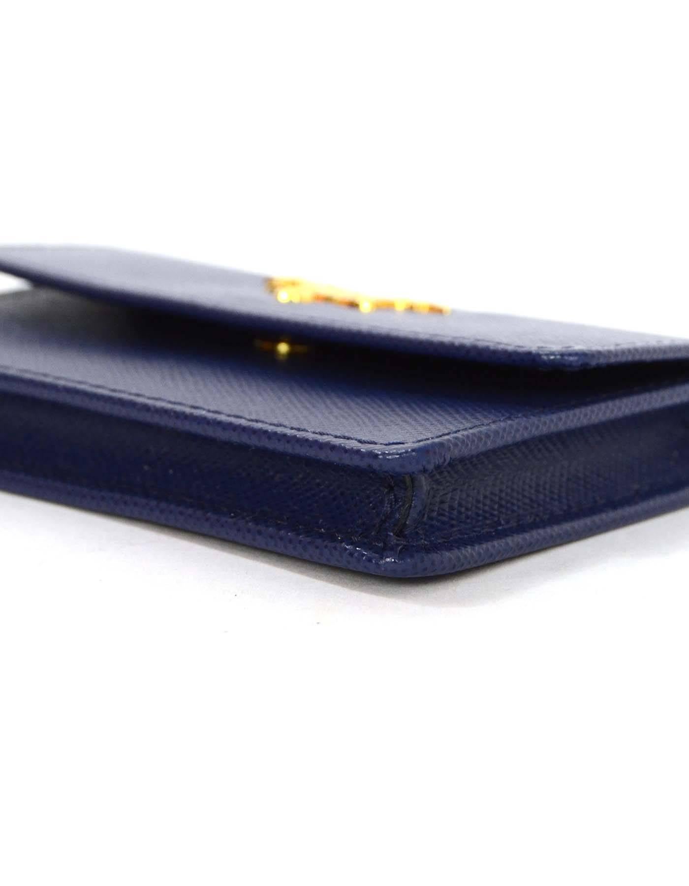 Prada Blue Saffiano Card Holder GHW In Excellent Condition In New York, NY