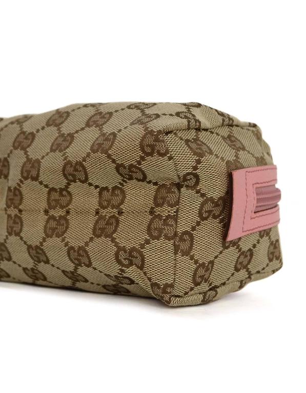 Gucci Tan Monogram Canvas Cosmetic Pouch w/ Pink Leather Trim For Sale ...