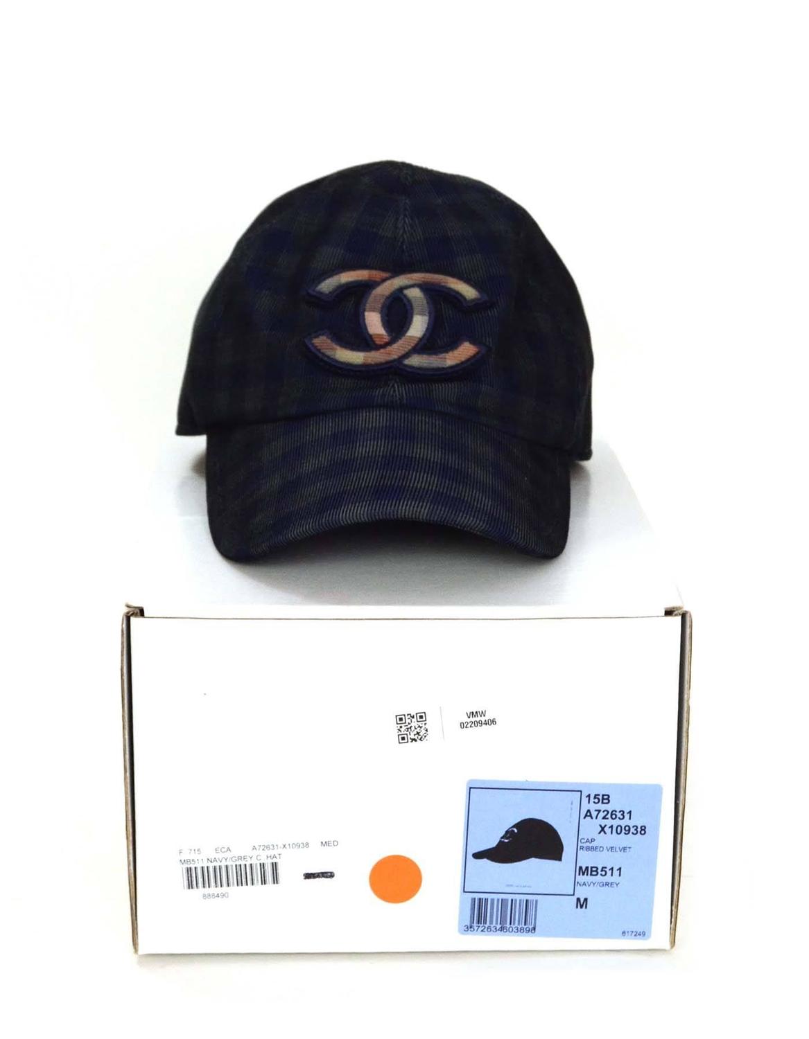 Chanel 2015 Navy/ Green Gingham CC Baseball Cap sz M at 1stdibs