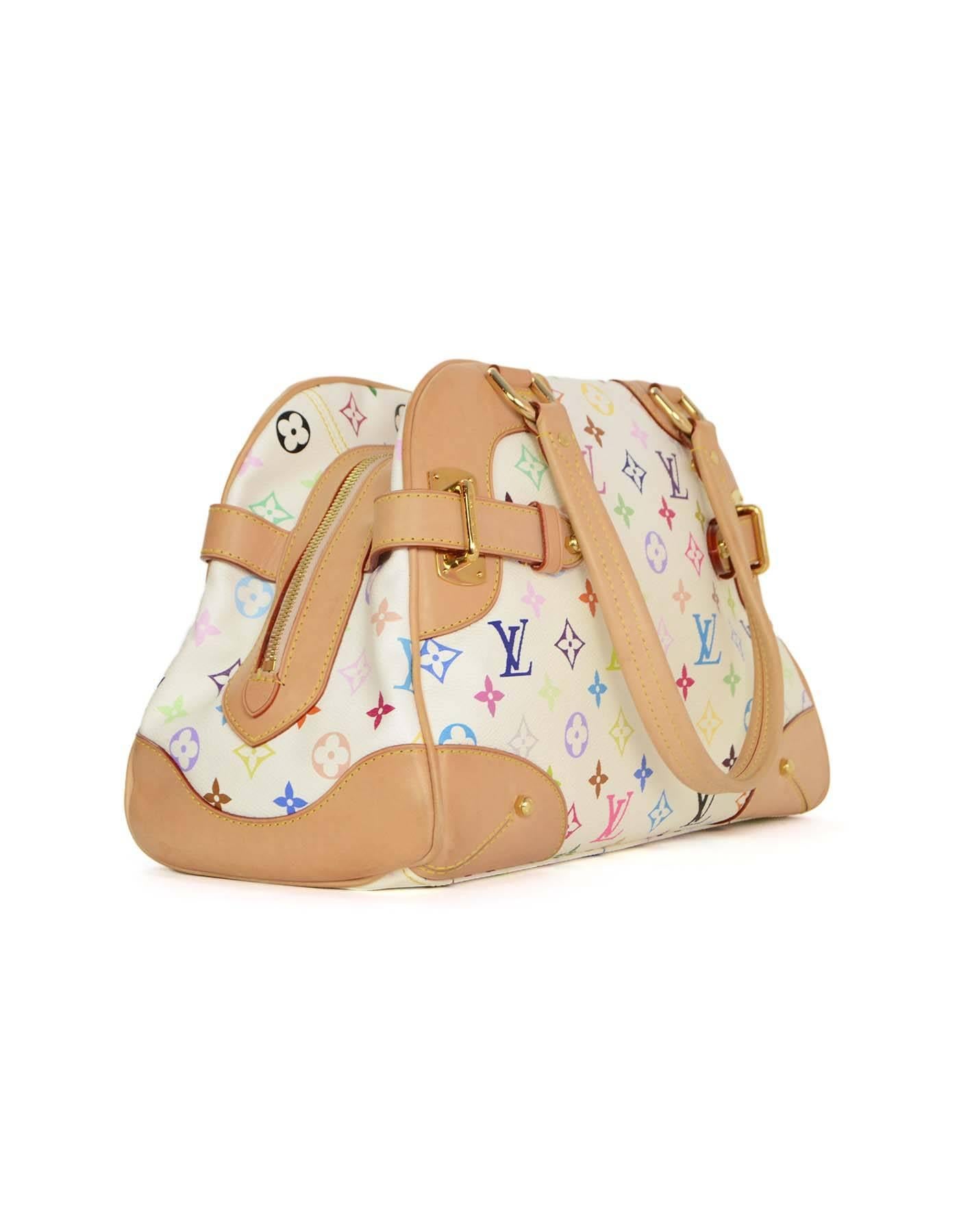 Louis Vuitton Multi-Colored Monogram Claudia Tote 
Features tan trim throughout
Made In: Italy
Year of Production: 2012
Color: Tan, white and multi-color
Hardware: Goldtone
Materials: Leather and coated canvas
Lining: Burgundy