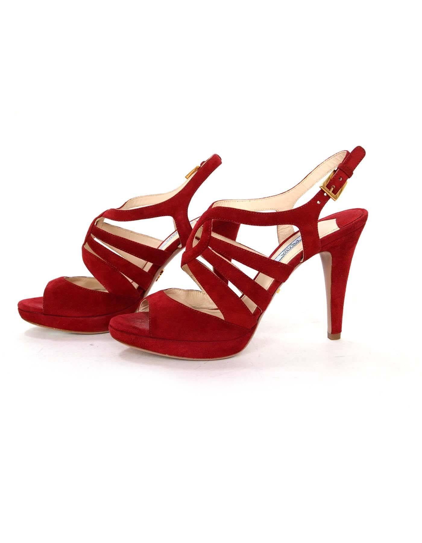 Prada Red Suede Strappy Sandals 
Made In: Italy
Color: Red
Materials: Suede
Closure/Opening: Ankle strap with buckle and notch closure
Sole Stamp: Made in Italy 38 Prada
Overall Condition: Excellent pre-owned condition
Marked Size: 38
Heel