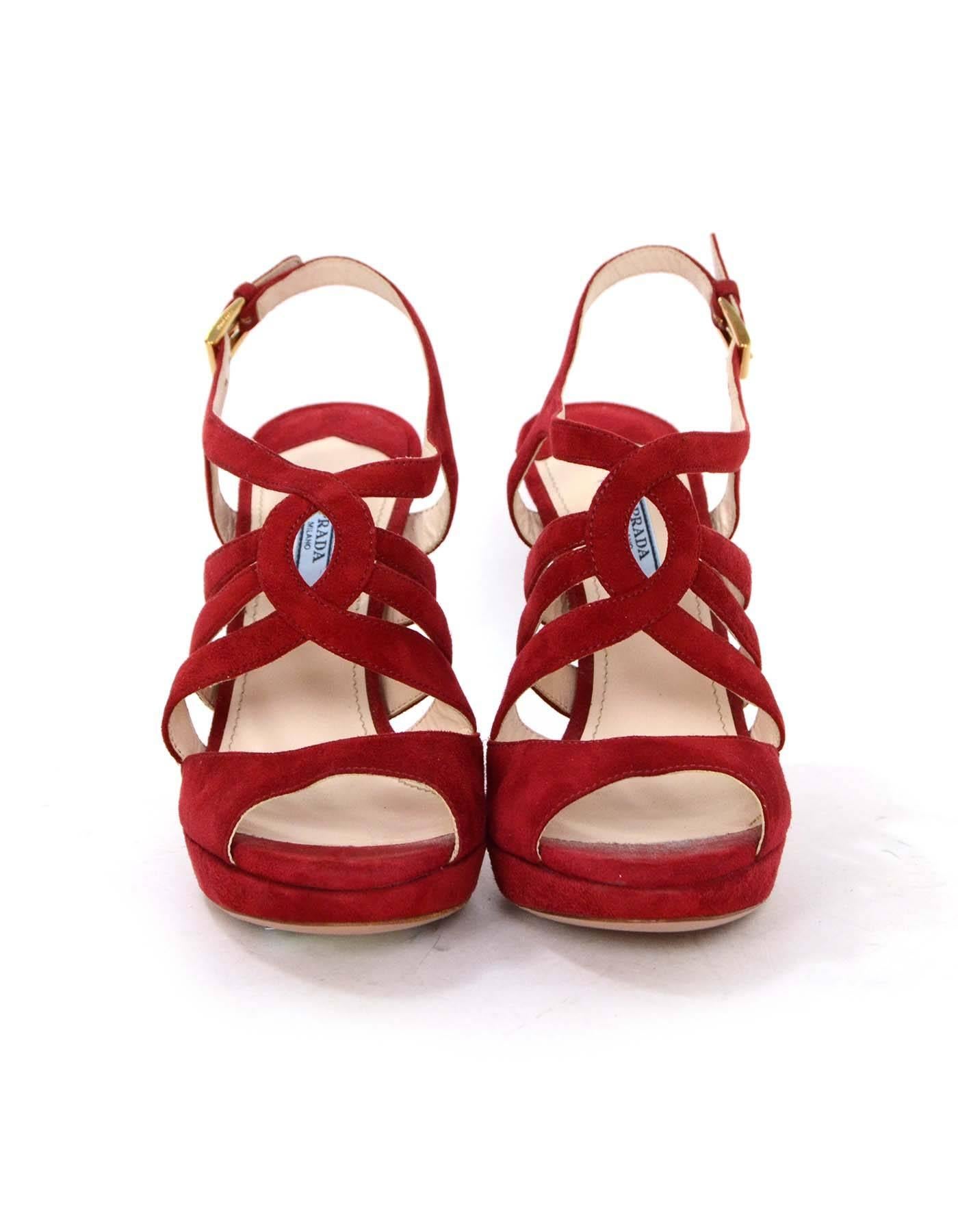 Prada Red Suede Strappy Sandals sz 38 In Excellent Condition In New York, NY