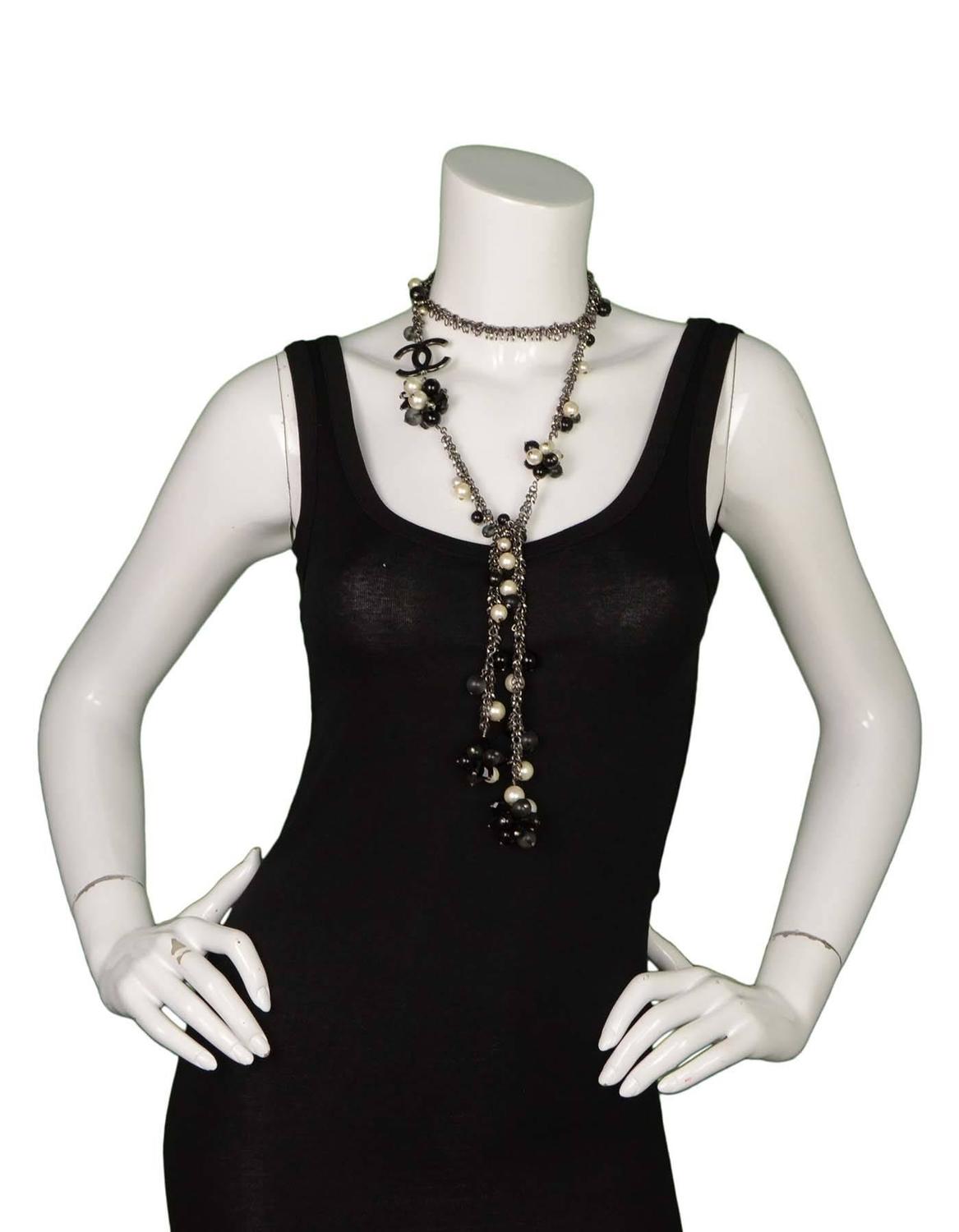 Chanel Pearl and Black Beaded CC Pendant Lariat Necklace For Sale at ...
