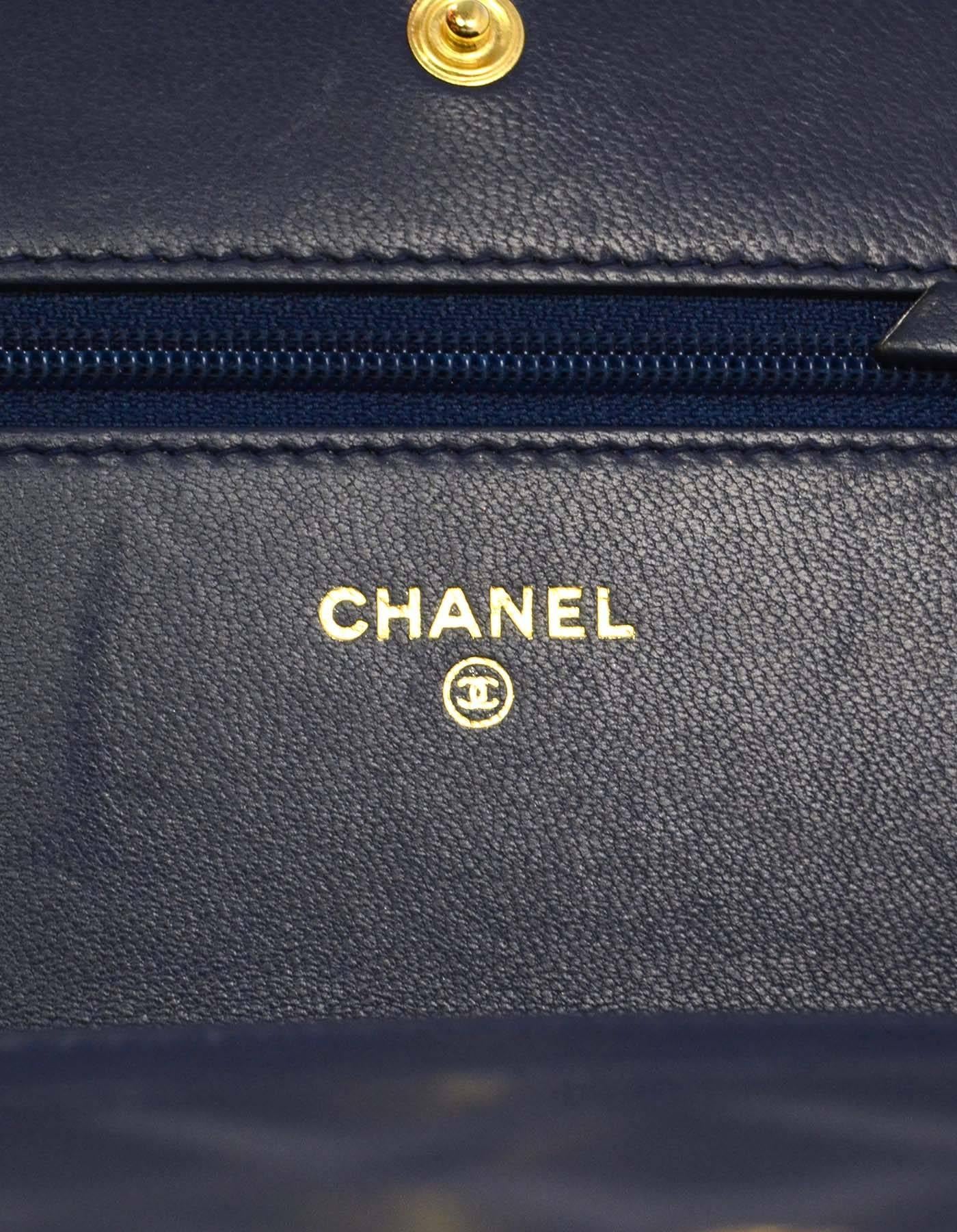 Chanel Navy Lambskin Boy Wallet On Chain WOC Bag GHW In Excellent Condition In New York, NY