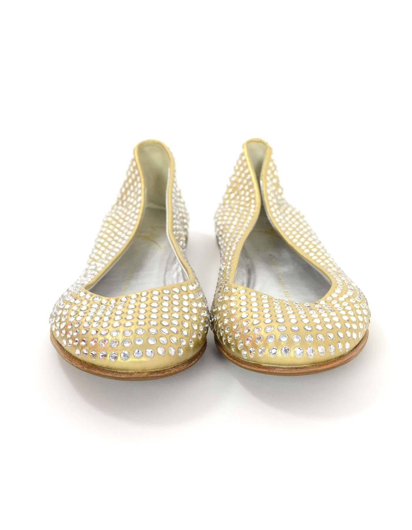 Giuseppe Zanotti Metallic Gold Leather & Crystal Embellished Flats sz 7 In Excellent Condition In New York, NY