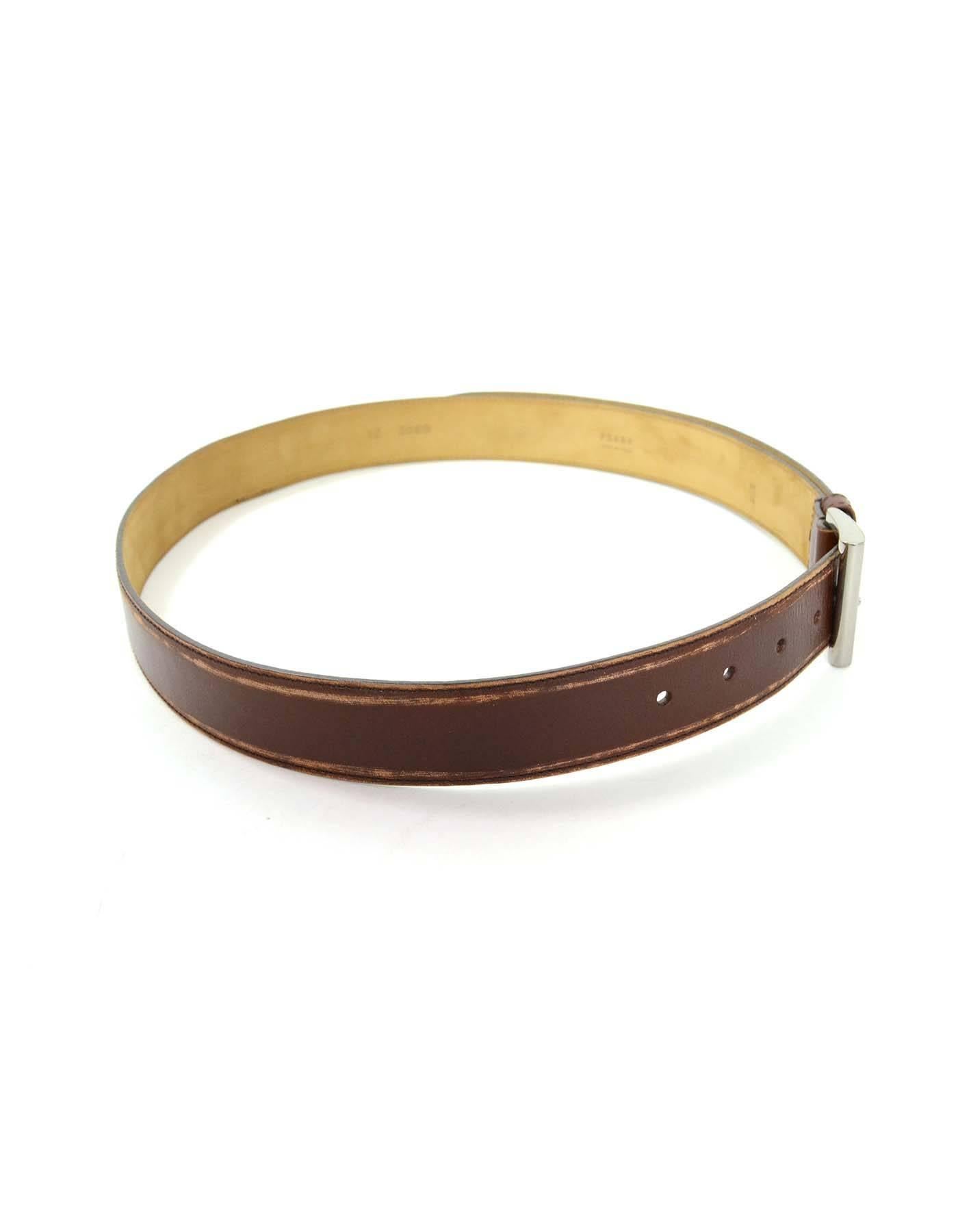 Prada Brown Distressed Leather Belt sz 85 GHW In Excellent Condition In New York, NY