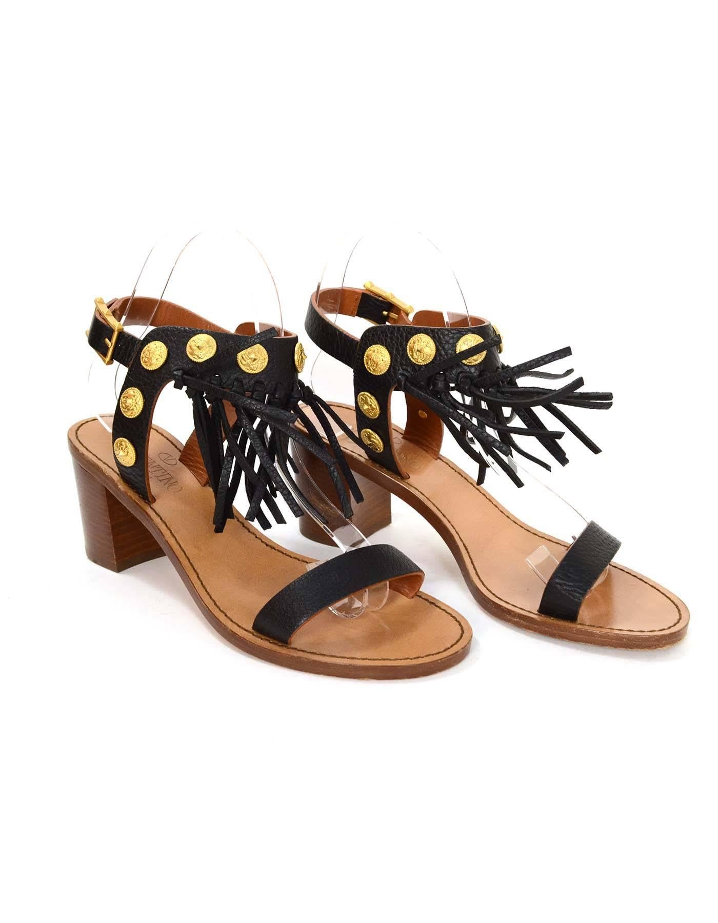 Valentino Black Leather Fringe Sandals sz 37.5 In Excellent Condition In New York, NY