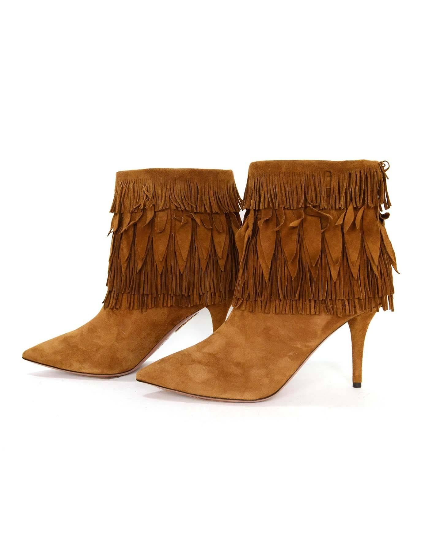 Aquazzura Tan Suede Fringe Ankle Booties 
Features different sized fringe throughout
Made In: Italy
Color: Tan
Materials: Suede
Closure/Opening: Pull on
Sole Stamp: Aquazurra Firenze Vero Cuoio Made in Italy 38
Retail Price: $995 +