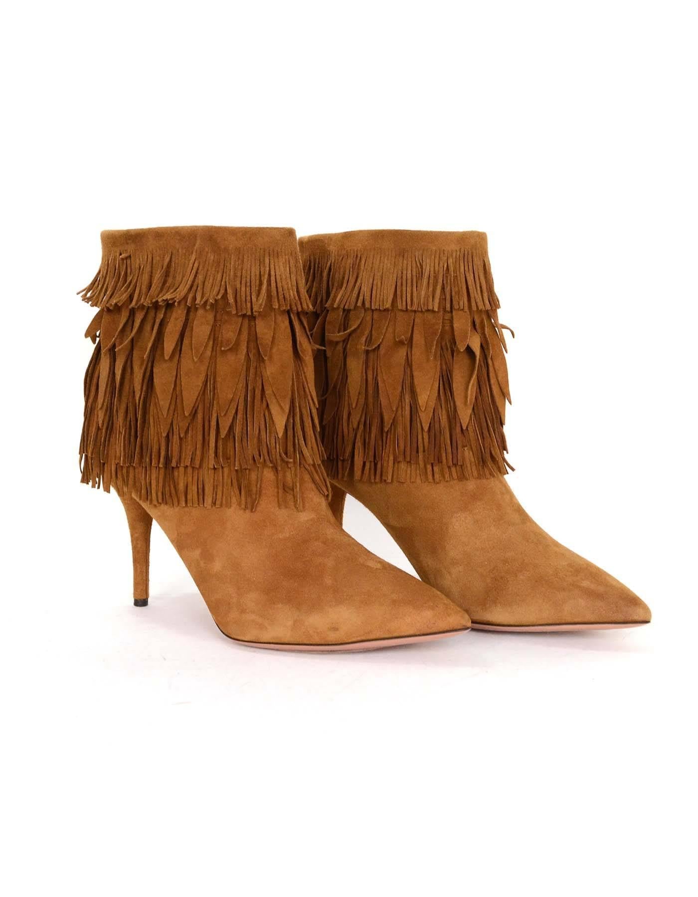 Aquazzura Tan Suede Fringe Ankle Booties sz 38 In Excellent Condition In New York, NY