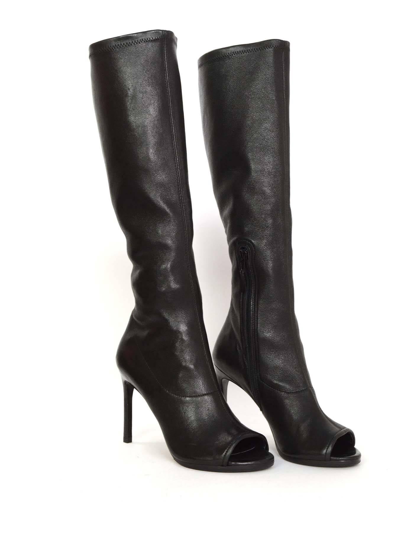 Stuart Weitzman Black Leather Peep-Toe Boots sz 8.5 In Excellent Condition In New York, NY