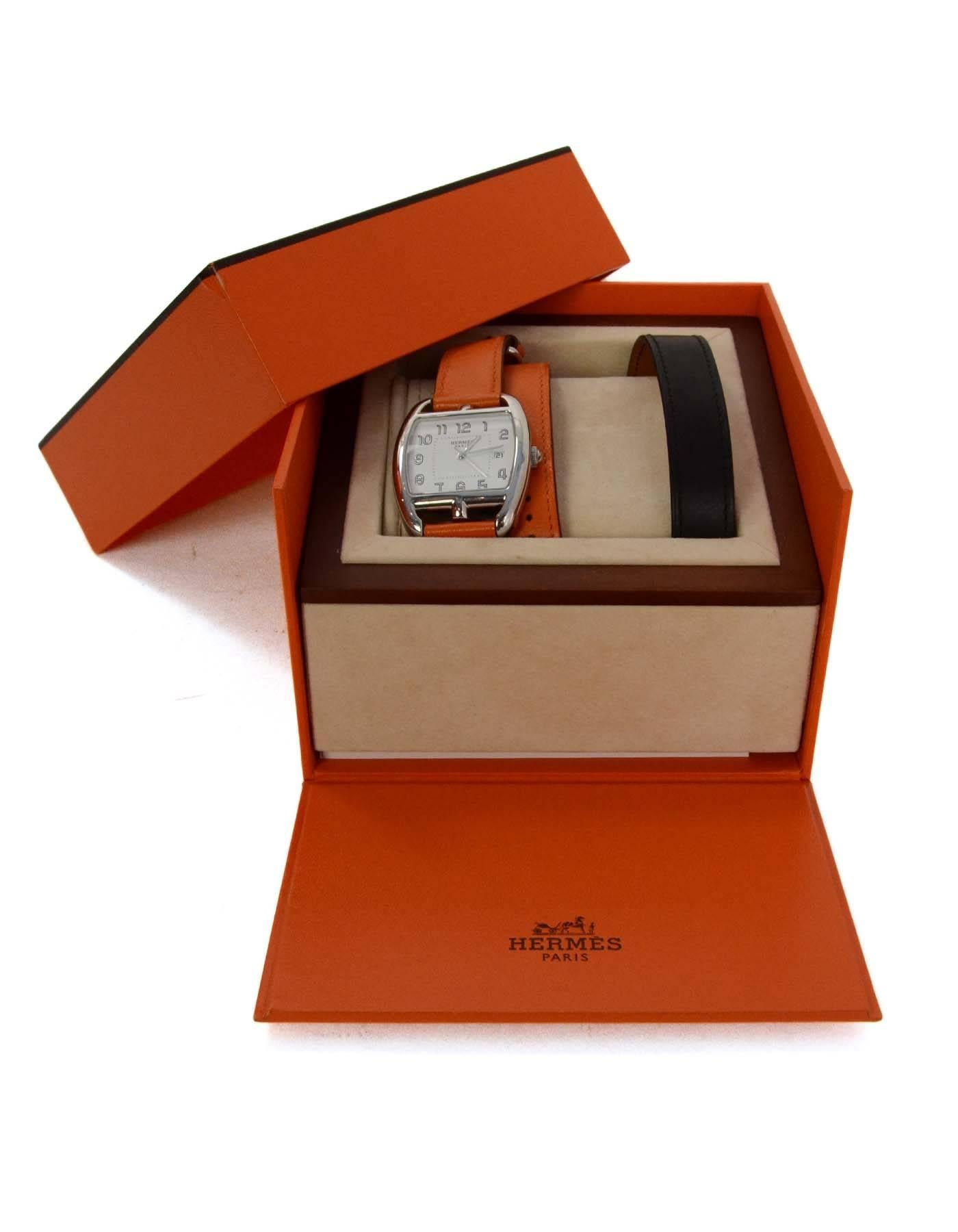 Hermes Orange/Black Leather & Stainless Steel 34mm Cape Cod Tonneau Watch In Excellent Condition In New York, NY