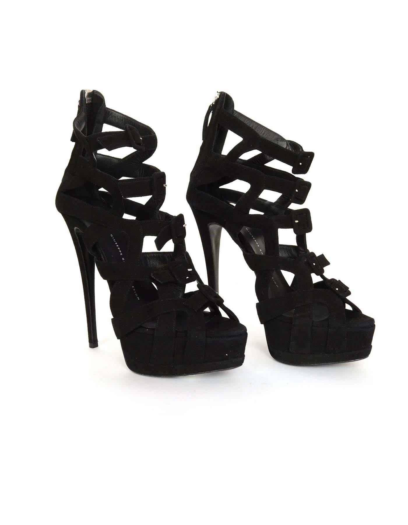 Giuseppe Zanotti Black Suede Strappy Platform Sandals sz 40 In Excellent Condition In New York, NY