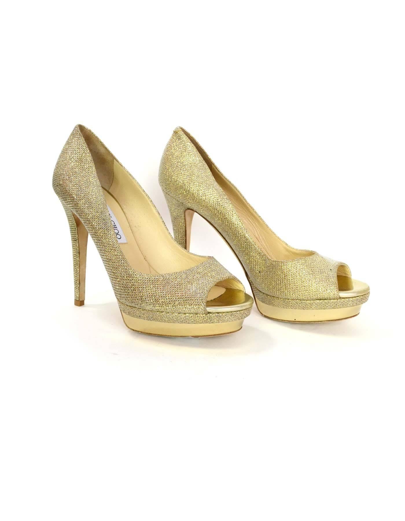 Women's Jimmy Choo Gold Glitter Peep-Toe Platform Pumps sz 40