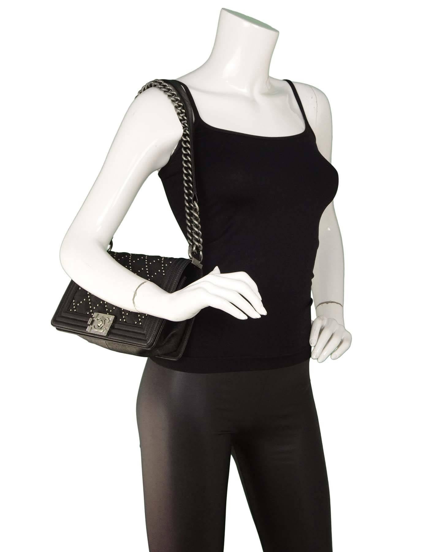 Chanel Limited Edition Black Distressed Leather Studded Medium Boy Bag SHW 3