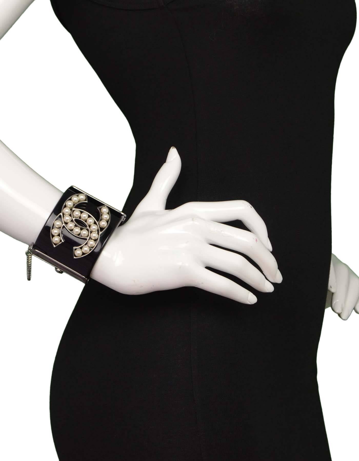 Chanel Pearl & Black Resin CC Cuff Bracelet RHW 3