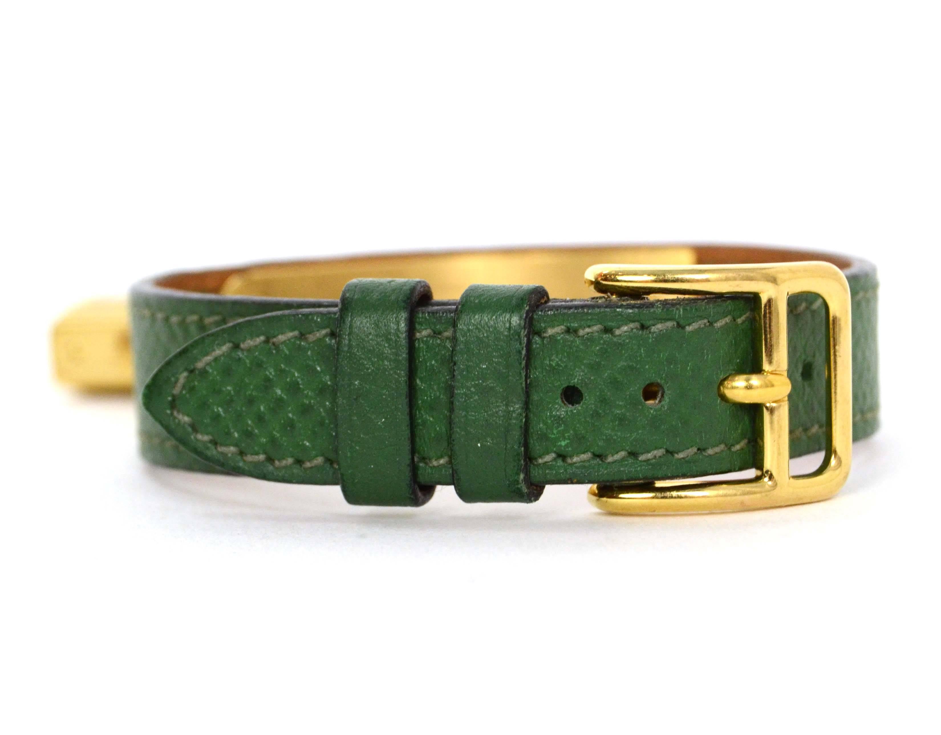 Hermes Vintage '94 Green Epsom Goldtone Kelly Watch 

Made In: Switzerland
Year of Production: 1994
Color: Green and goldtone
Materials: Epsom leather and godltone gold
Closure: Buckle and notch closure
Stamp: Face- 362715, Band- X stamp in