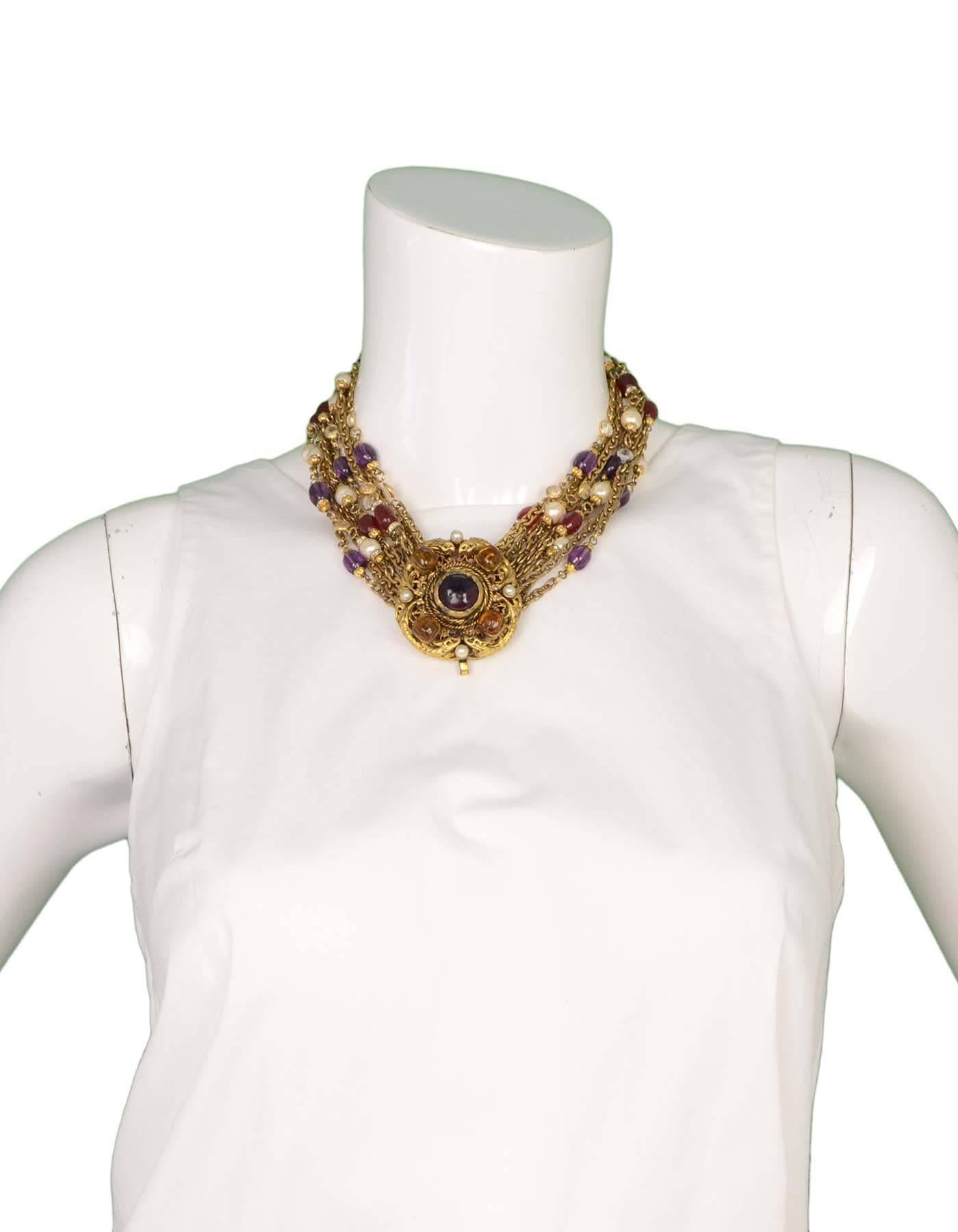 Chanel 1984 Vintage Gold Multi-Strand Gripoix and Pearl Long Medallion Necklace 1