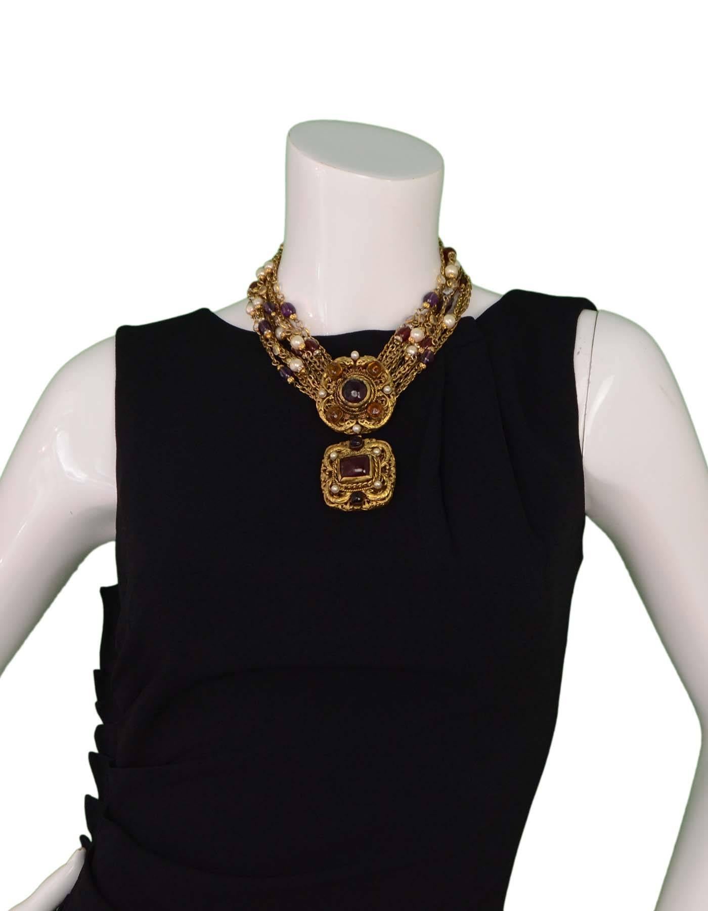 Chanel 1984 Vintage Gold Multi-Strand Gripoix and Pearl Long Medallion Necklace 3