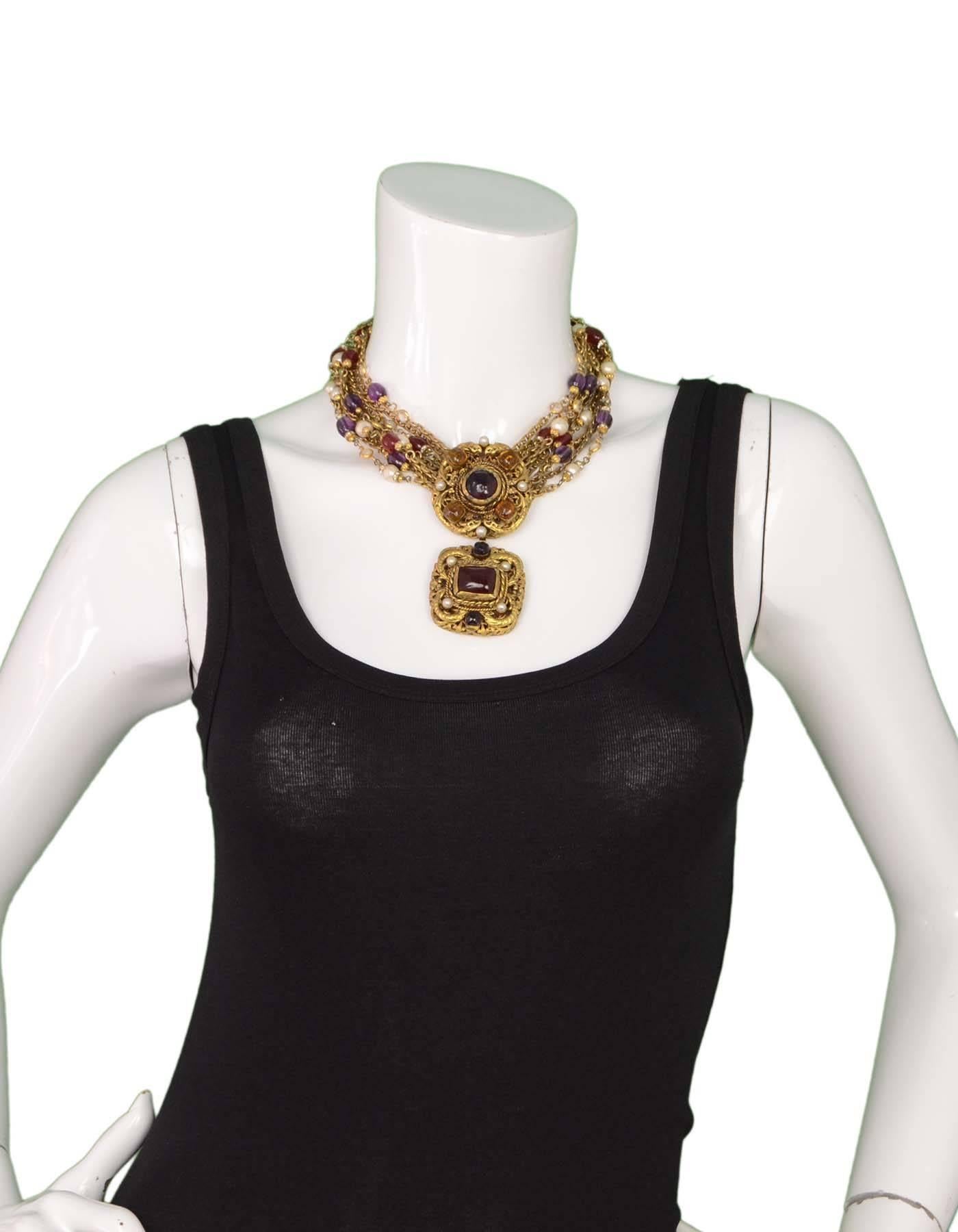 Chanel 1984 Vintage Gold Multi-Strand Gripoix and Pearl Long Medallion Necklace 2