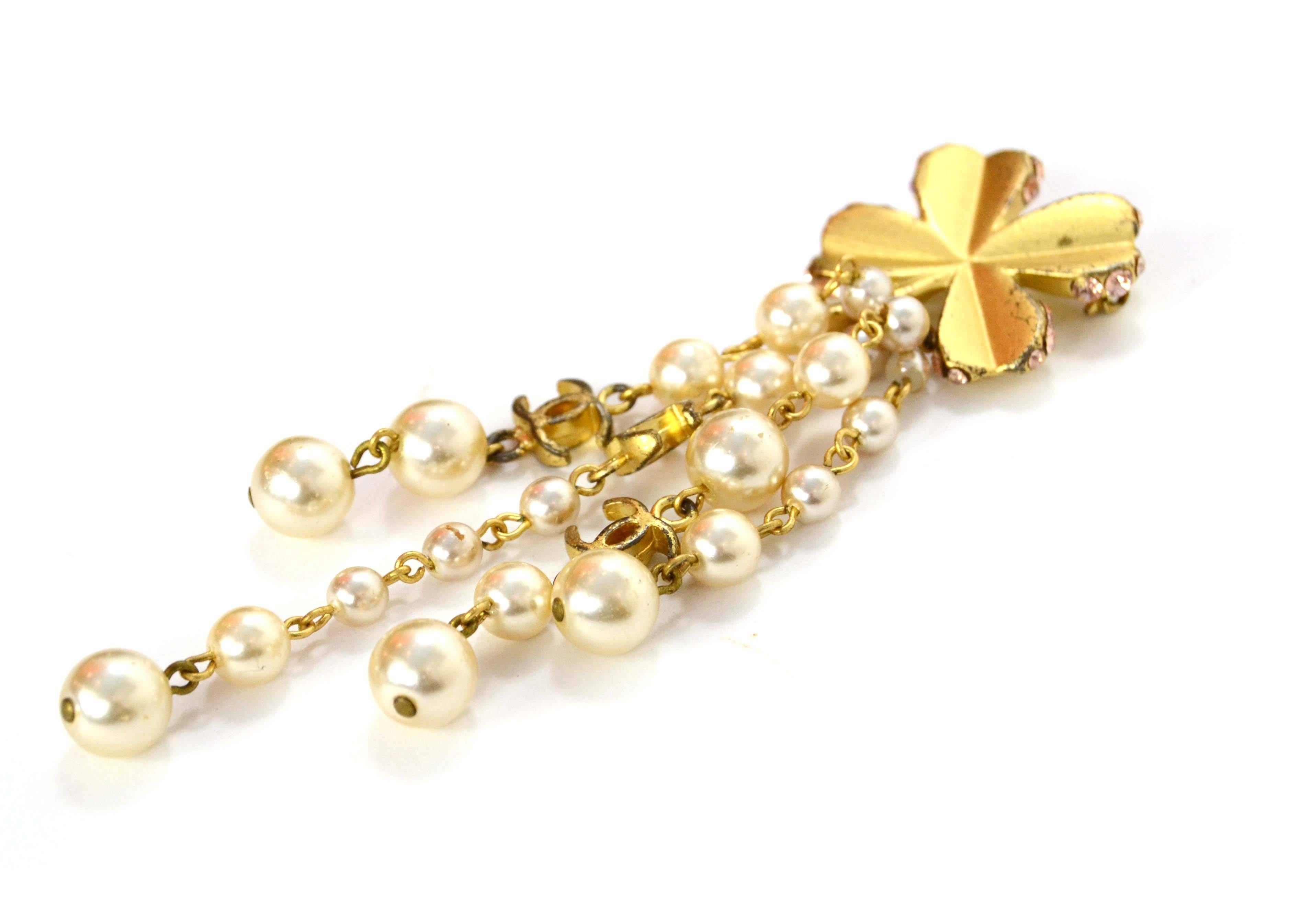 CHANEL Gold Clover & Pearl Brooch In Good Condition In New York, NY