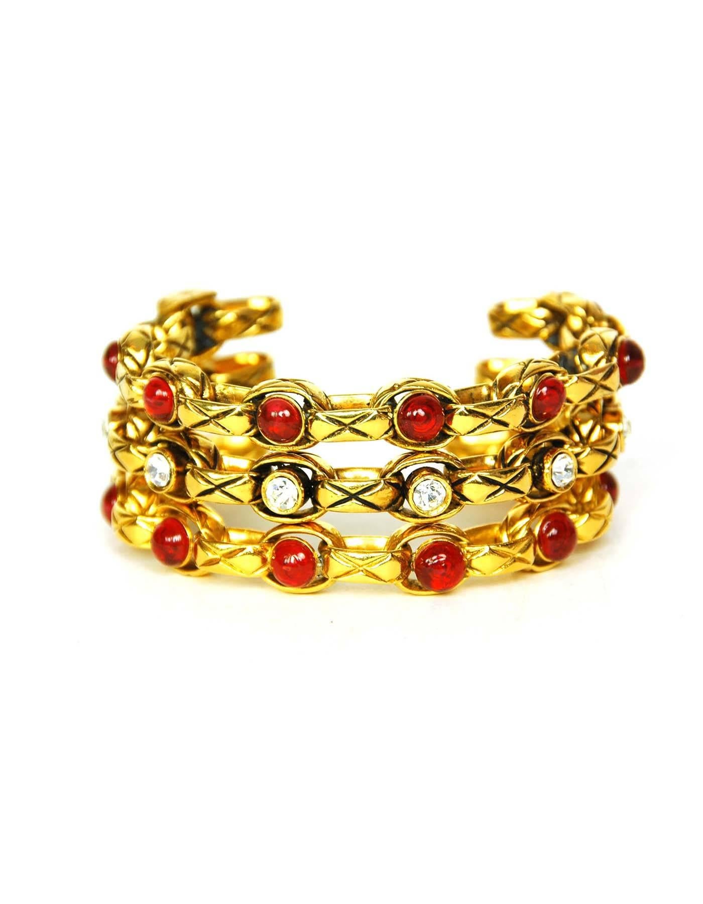 Chanel Vintage '86 Crystal & Gold Cuff Bracelet In Excellent Condition In New York, NY