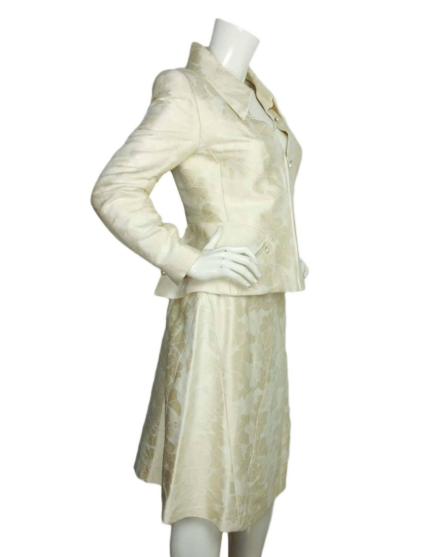 Beige Chanel Cream Camelia Print Skirt Suit sz FR40