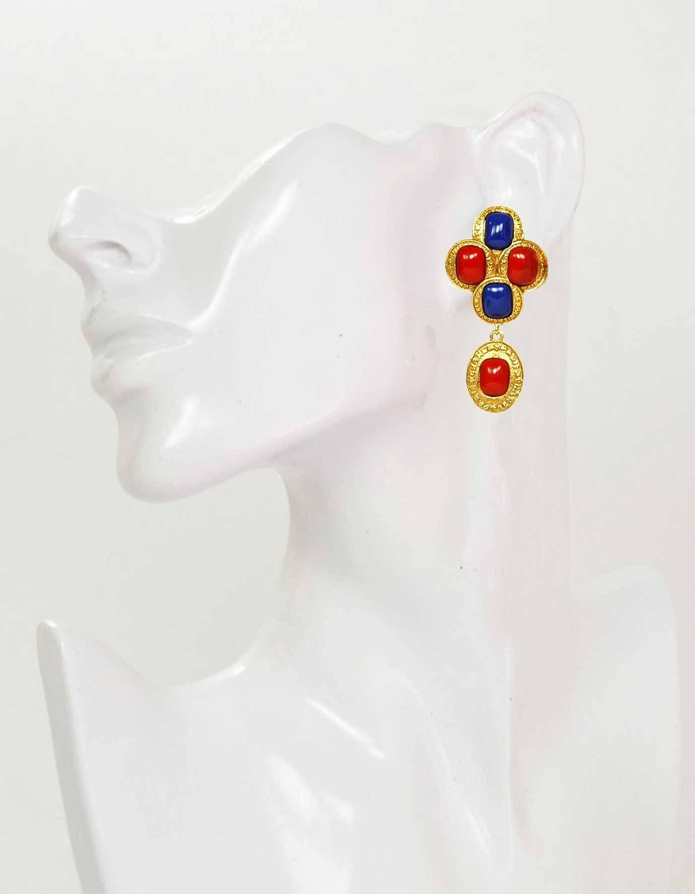 Women's CHANEL Vintage '88 Red & Blue Enamel Gold Dangle Clip On Earrings