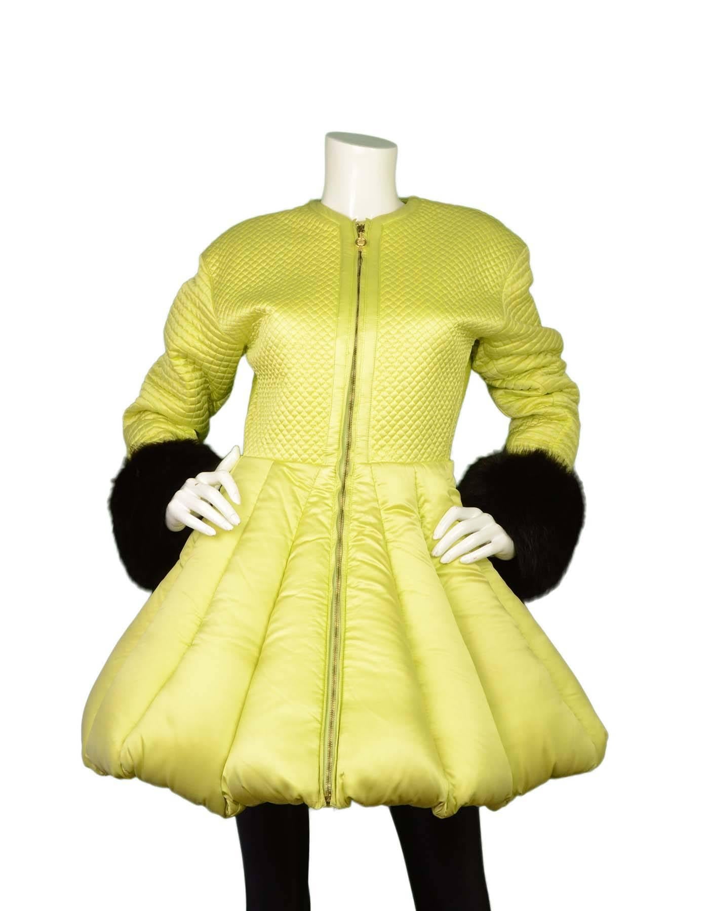 Versace Lime Green Quilted Puffer Coat 
Features brown fur cuffs

Made In: Italy
Color: Lime green and brown
Composition: 55% silk, 45% rayon
Lining: Beige quilted, 55% silk, 45% rayon
Closure/Opening: Zipper front
Exterior Pockets: