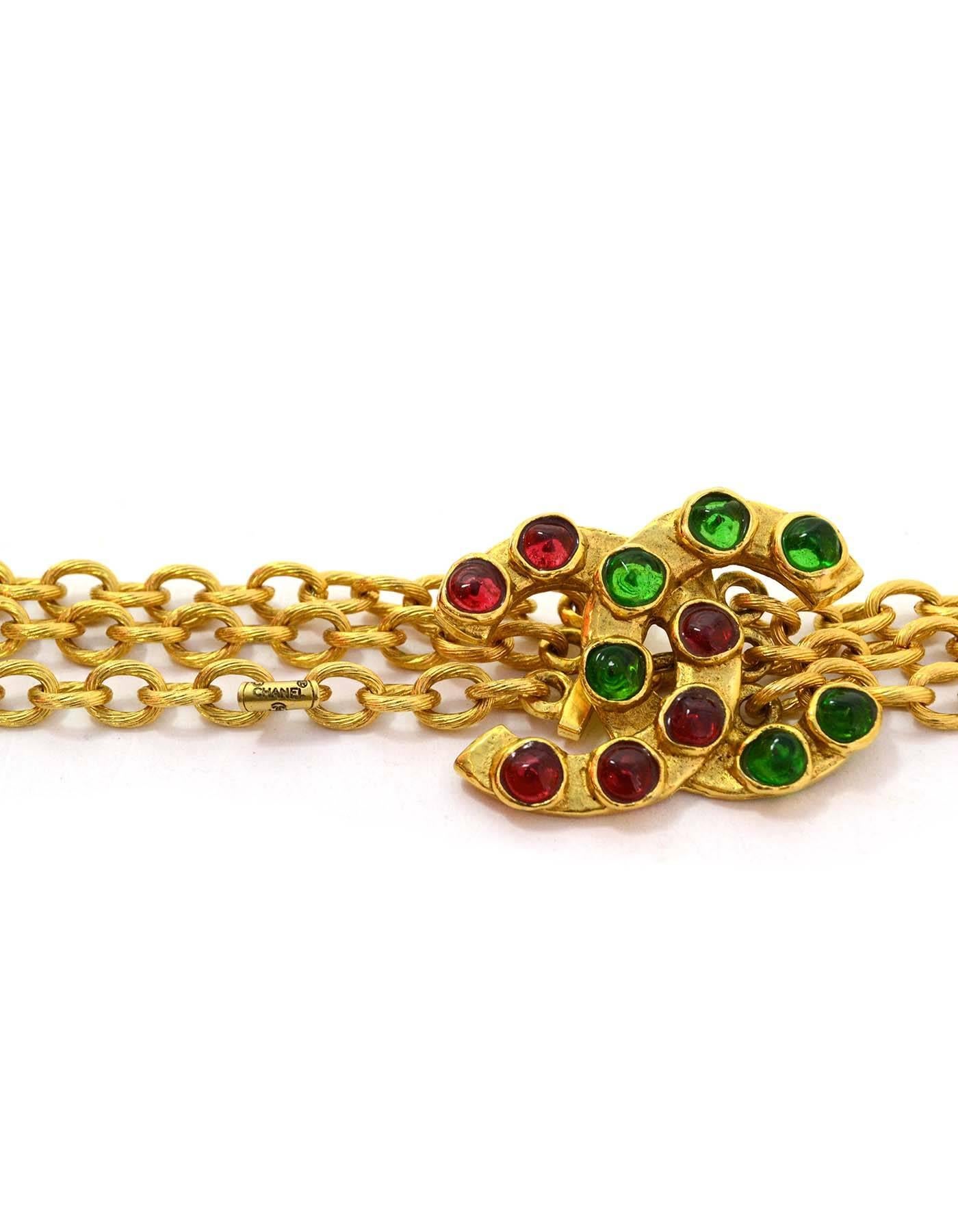 Brown Chanel Vintage Three Strand Chain Link Belt/Necklace w/ Green & Red Gripoix CC
