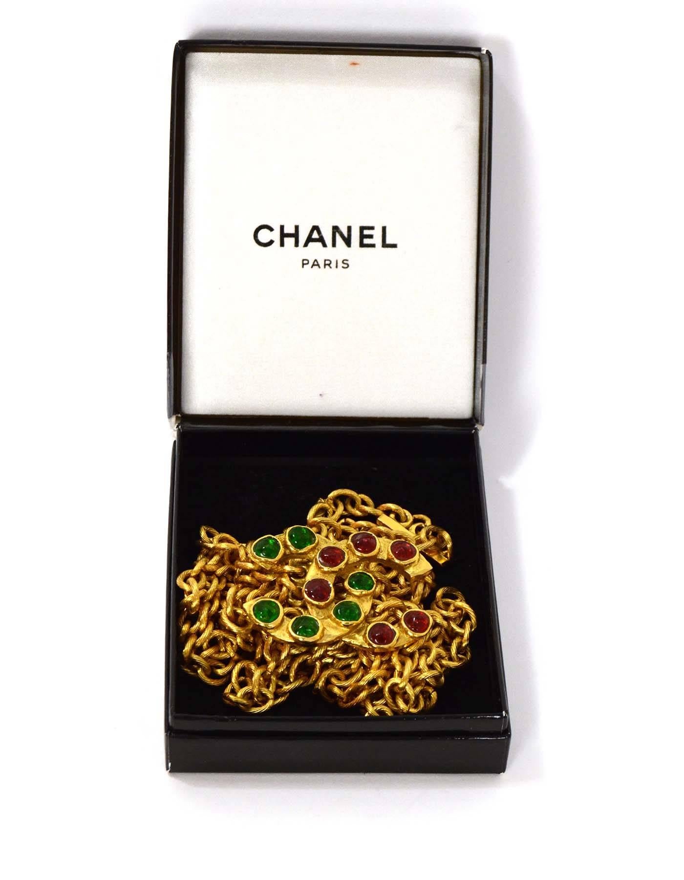 Chanel Vintage Three Strand Chain Link Belt/Necklace w/ Green & Red Gripoix CC 1