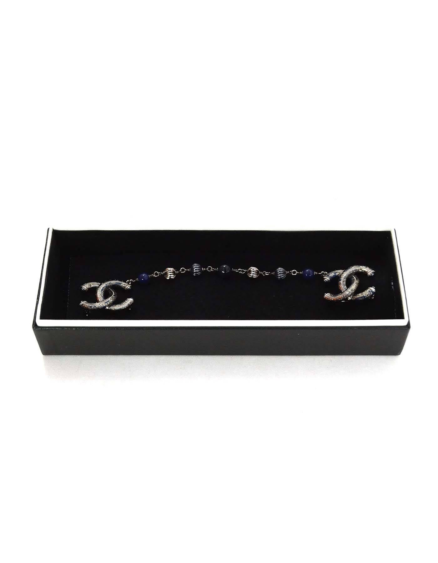 Women's Chanel Gunmetal and Blue Double CC Chain Brooch