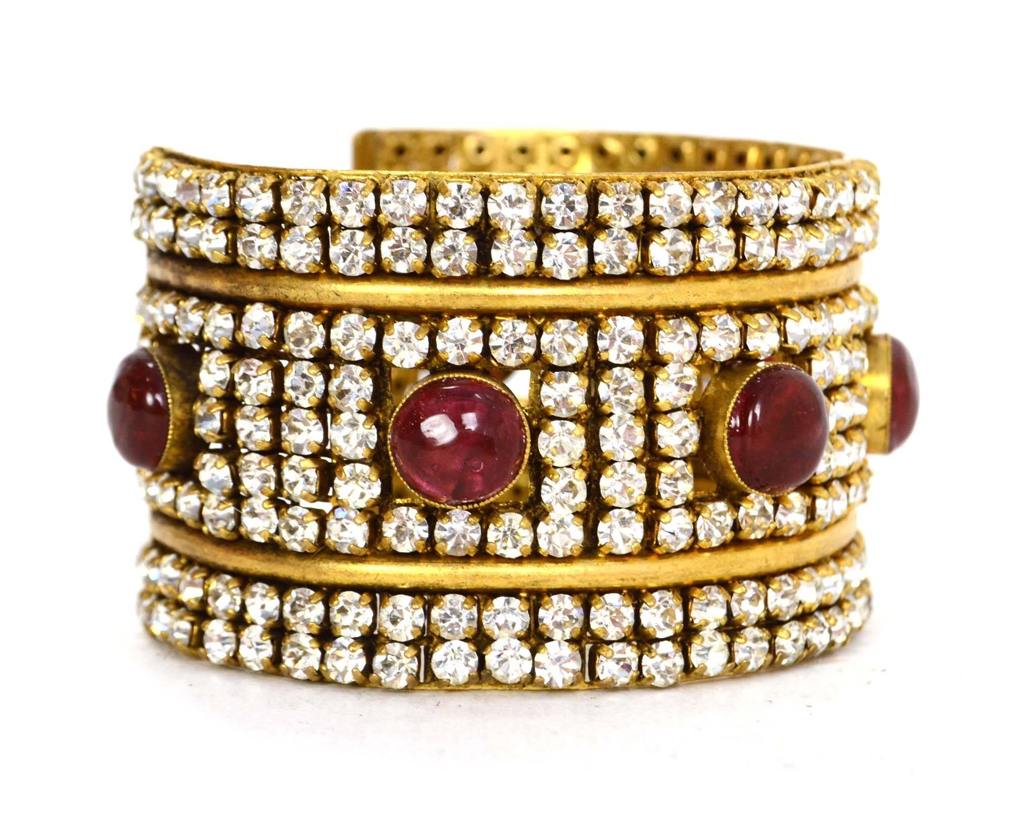 Chanel 70's Red Gripoix & Rhinestone Gold Cuff Bracelet In Excellent Condition In New York, NY