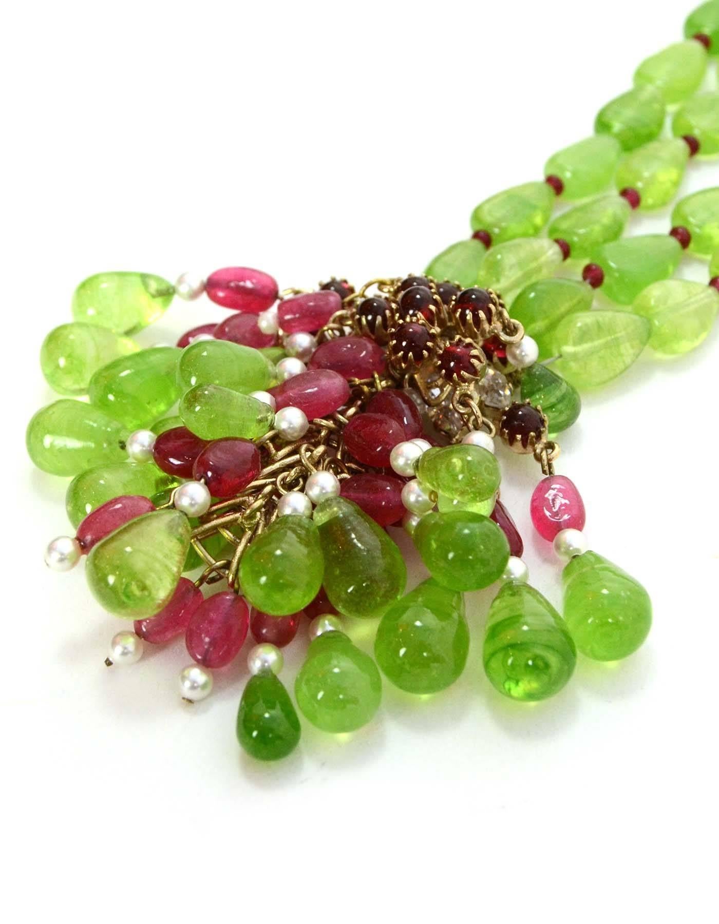 CHANEL Green & Red Glass Bead Double Strand Necklace In Good Condition In New York, NY