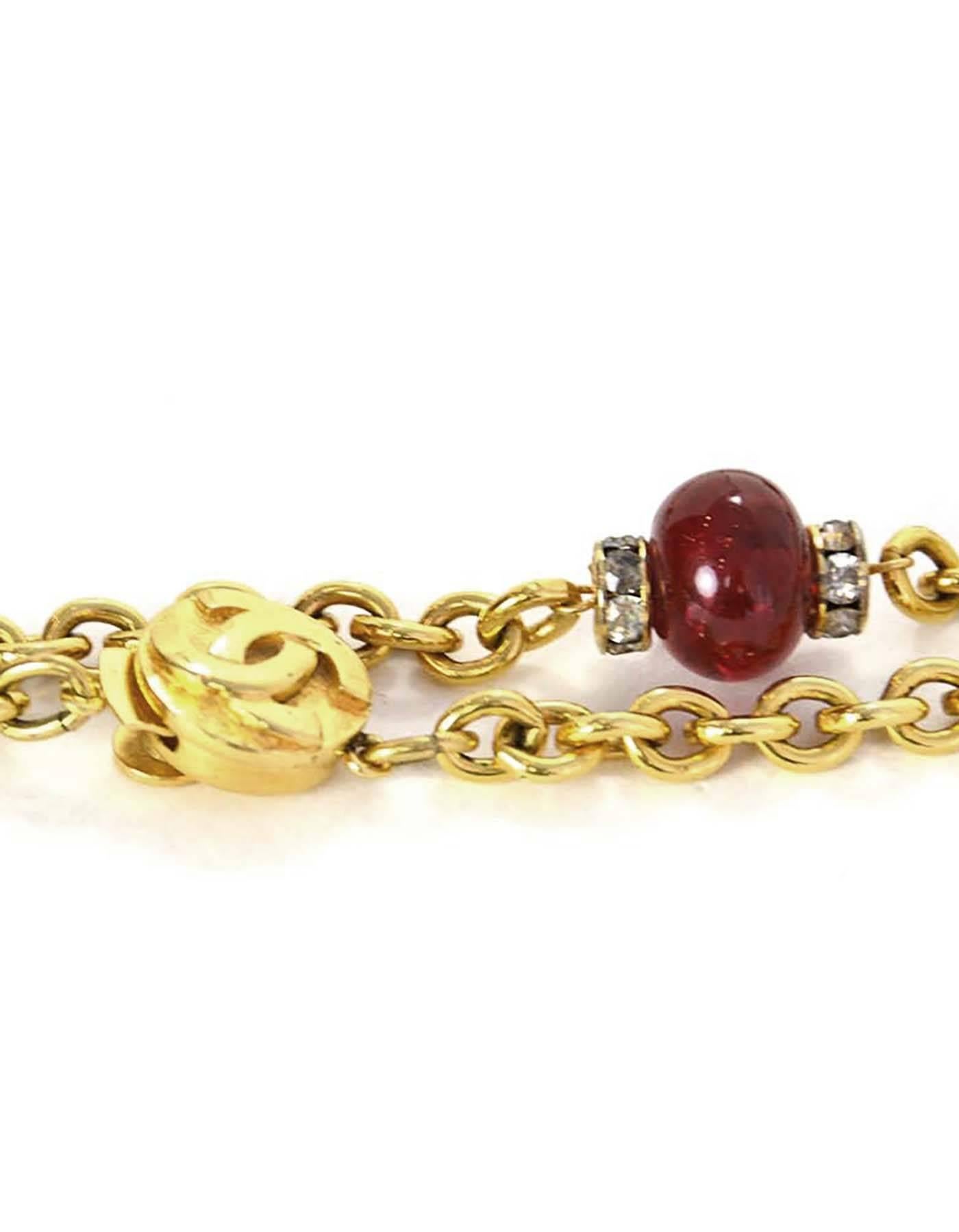 Chanel Vintage Goldtone Red Bead & Crystal Long Necklace In Good Condition In New York, NY