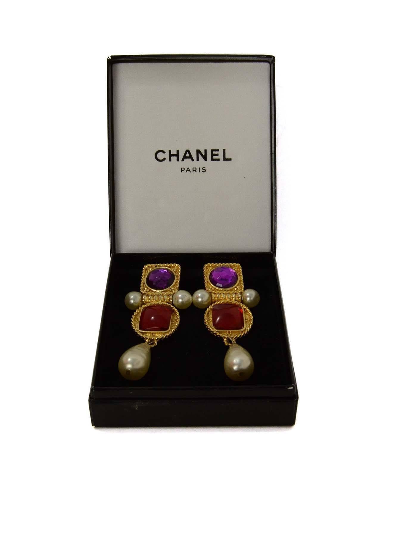 Chanel Vintage Purple & Red Geometric Pearl Clip On Earrings 2