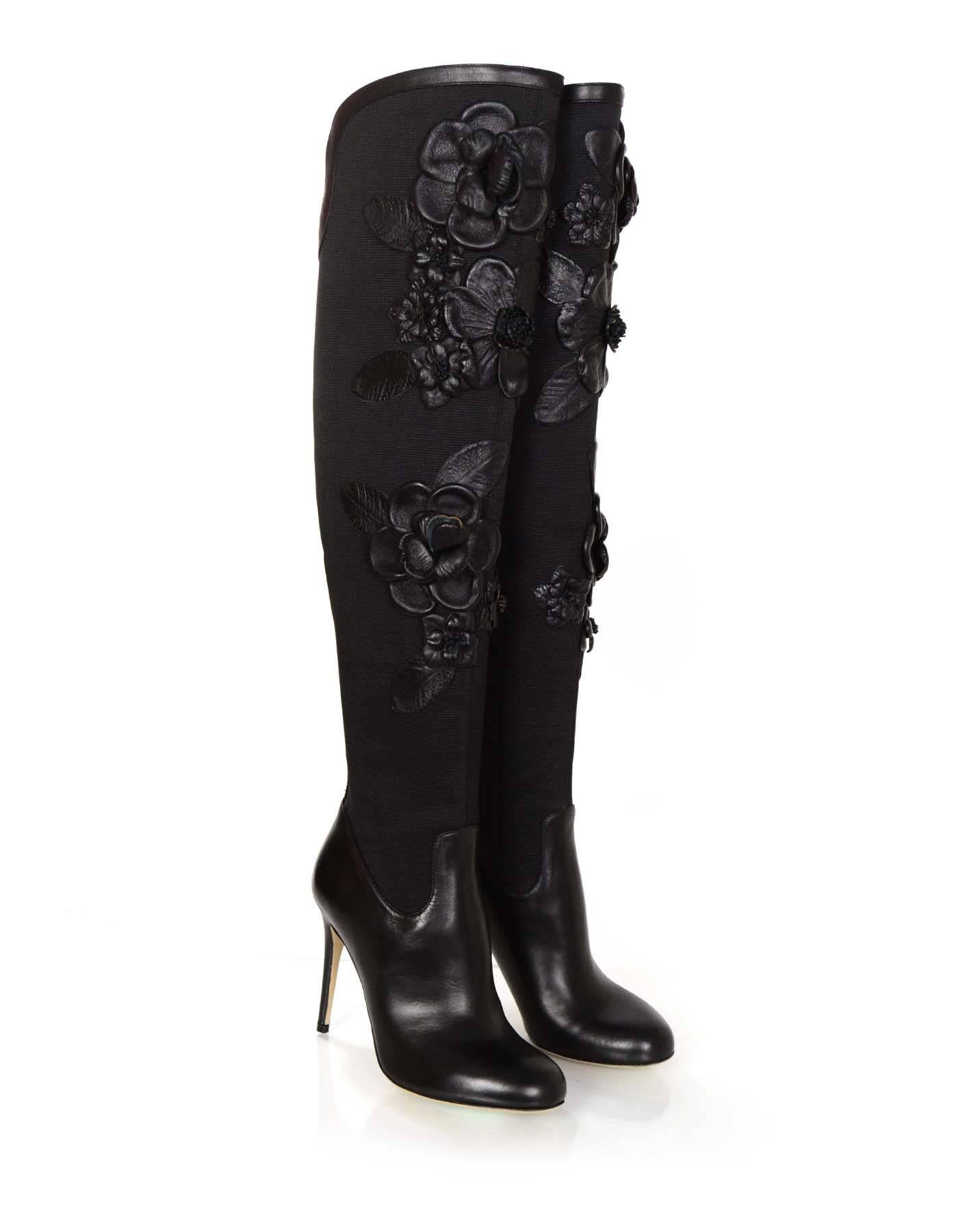 Valentino Black Floral Applique Boots Sz 37 rt. $2, 175 In Excellent Condition In New York, NY