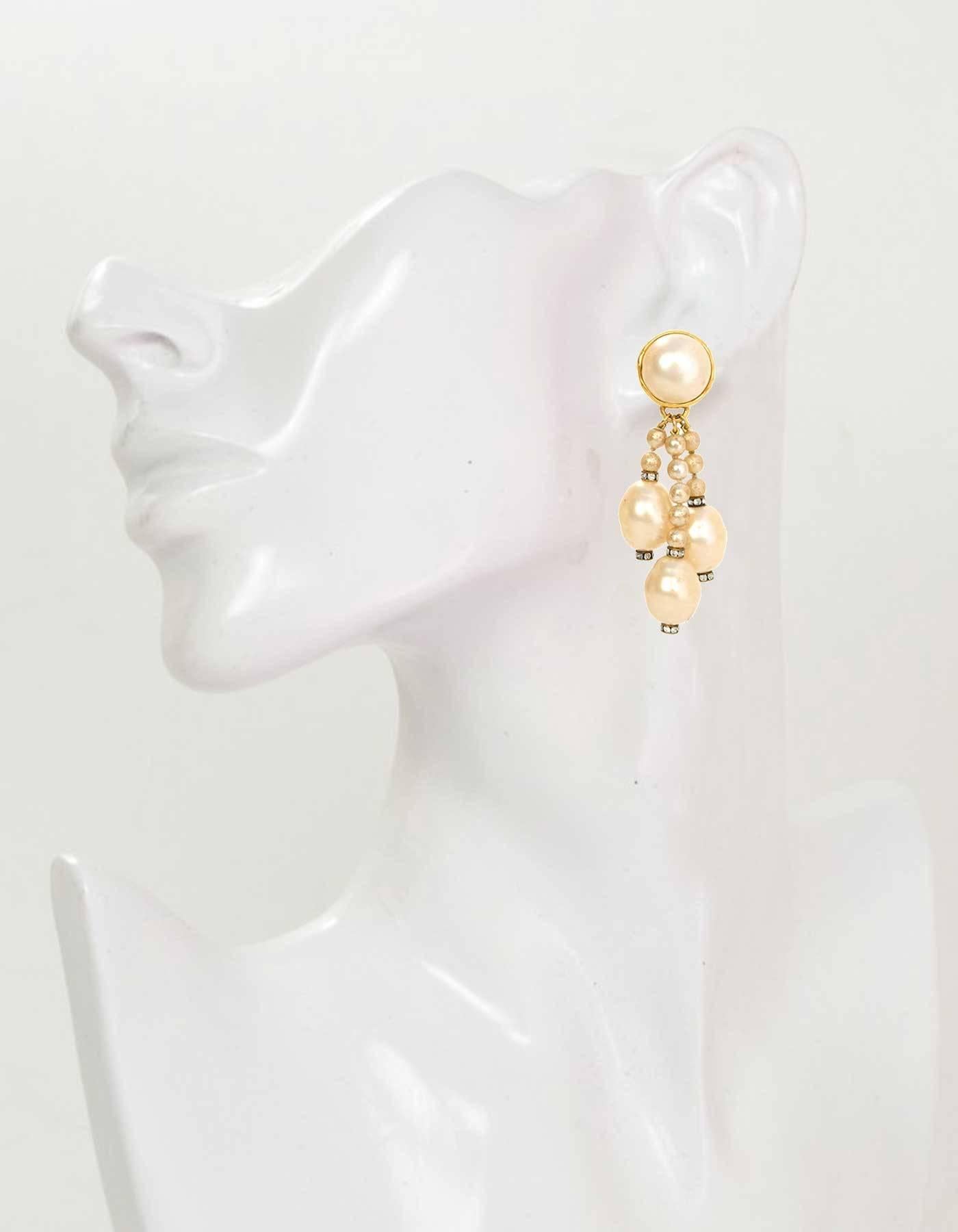 CHANEL Faux Pearl Clip On Earrings W/3 Hanging Strands of Pearls 2