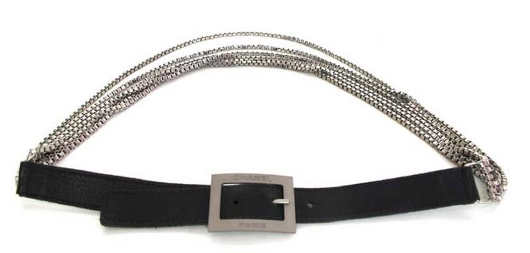 Chanel Multi-Strand Silver Chain and Black Leather Belt sz 70/28 For ...